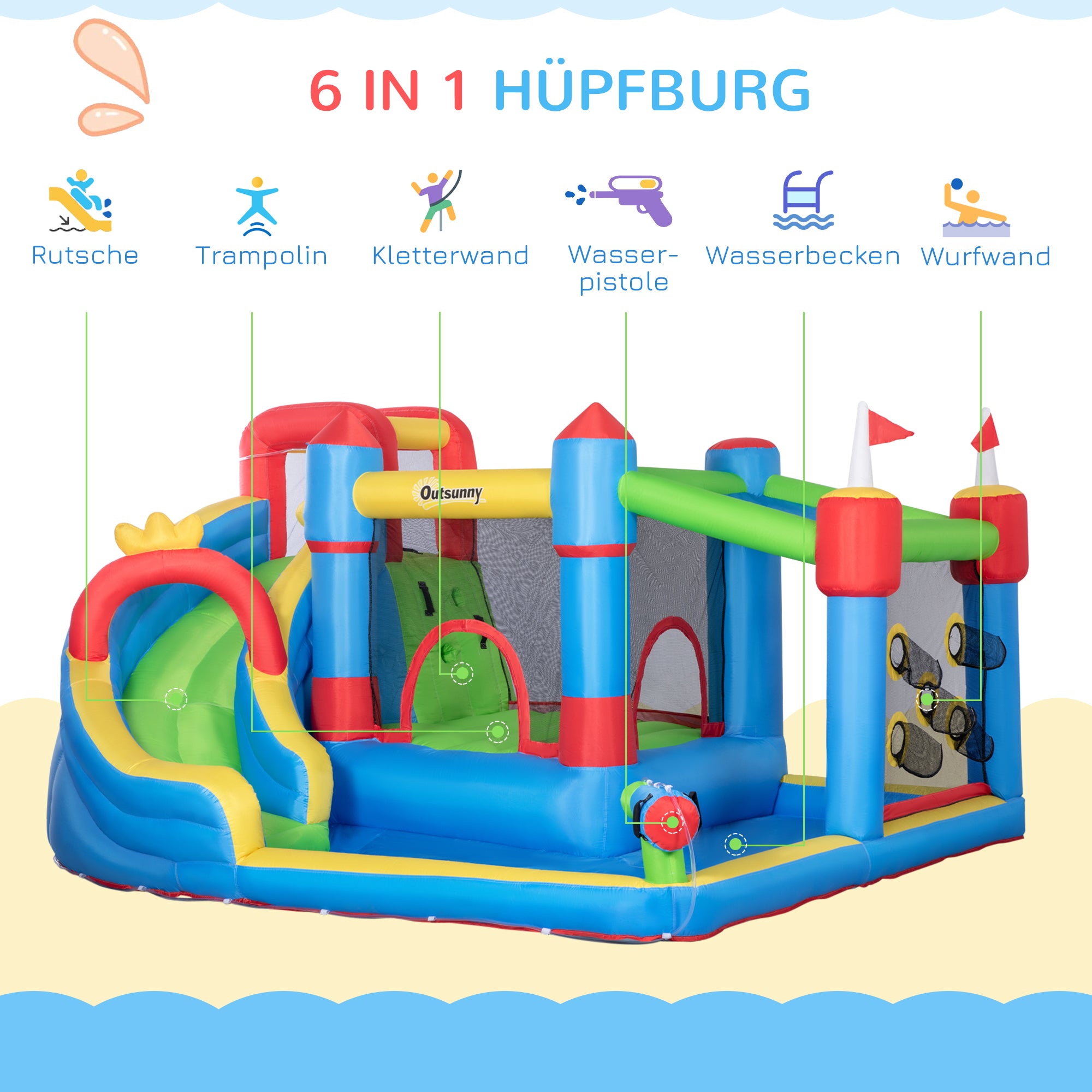 Outsunny springkasteel, opblaasbaar springkasteel, waterpark met waterglijbaan, kleurrijk