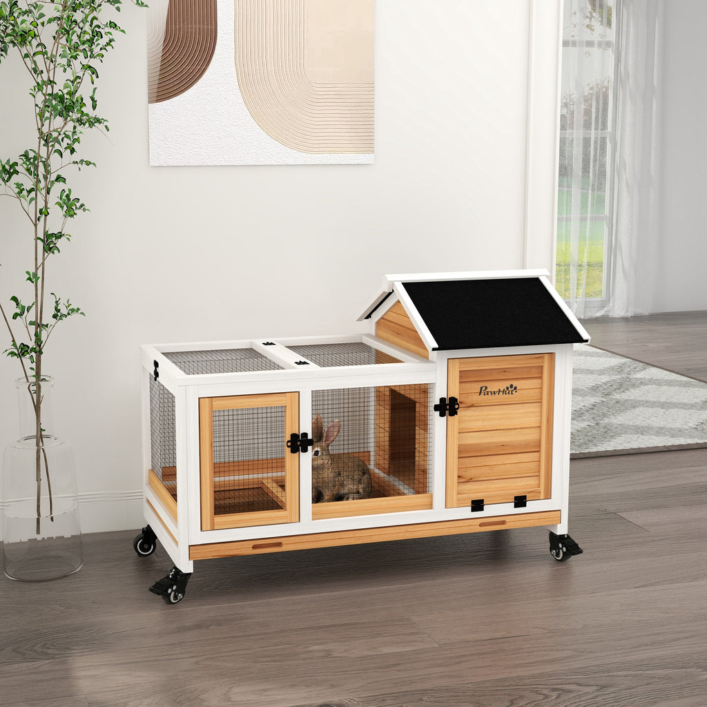 PawHut Konijnenhok voor Dwergkonijnen, Cavia's, met Wielen, 108 x 58 x 73,5 cm, Geel