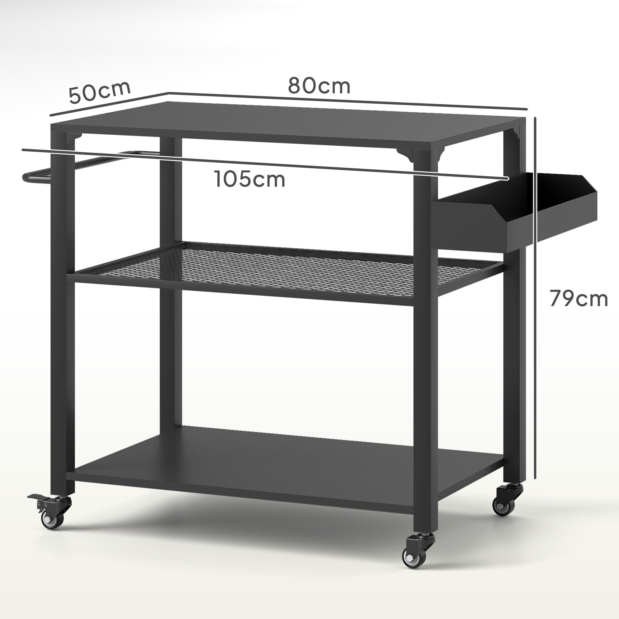 Outsunny Outdoor Keukeneiland, Grillwagen met Opbergrek, Handvat, 4 Wielen, Keukentrolley, Tuin, Terras, Metaal, Zwart