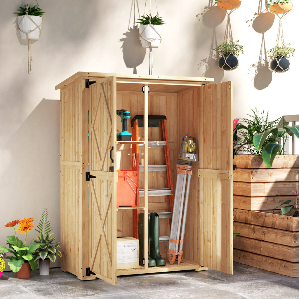 Outsunny Tuinopslagschuur, houten schuur voor gereedschap en tuinapparatuur, asfaltdak, dubbele deuren, sparrenhout, lichtbruin