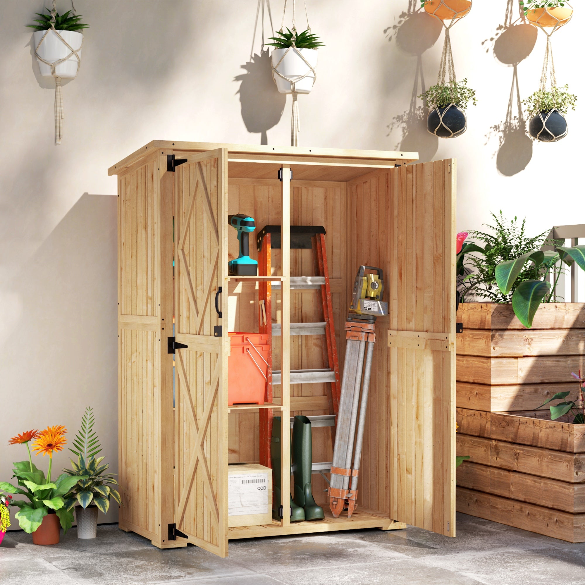 Outsunny Tuinopslagschuur, houten schuur voor gereedschap en tuinapparatuur, asfaltdak, dubbele deuren, sparrenhout, lichtbruin