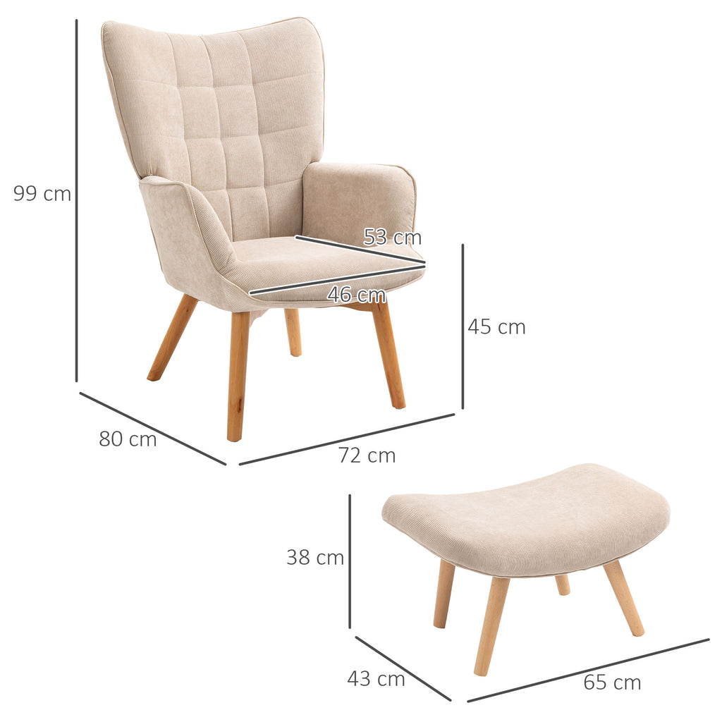 HOMCOM Fauteuil met Scandinavisch accent, voetenbank, fauteuilset, beukenhout, corduroy-look, beige