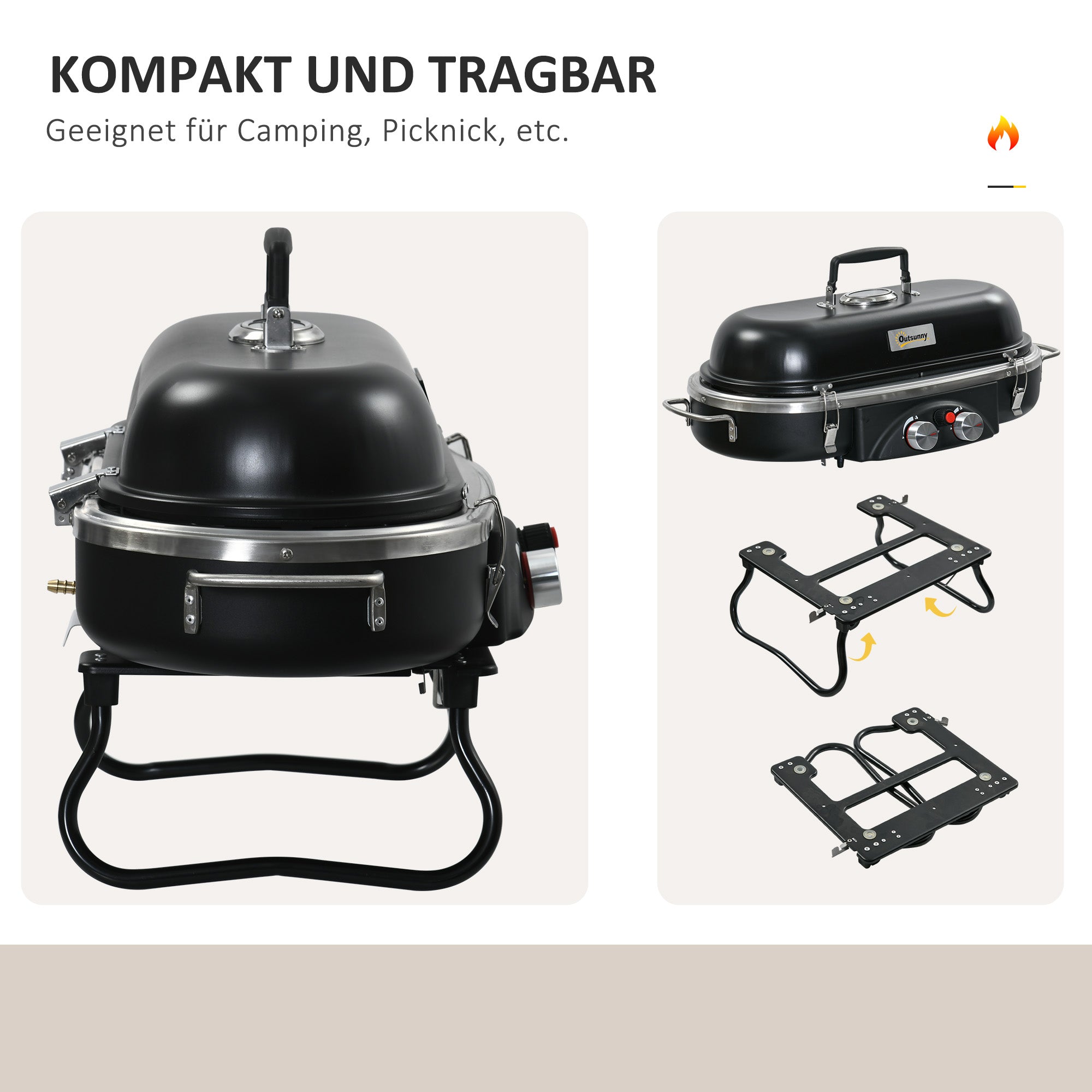 Outsunny Gasbarbecue 2,34 KW Opvouwbaar BBQ Tuinbarbecue incl 2 Roestvrijstalen Branders Drukverminderaar 66 x 34,5 x 37 cm Zwart