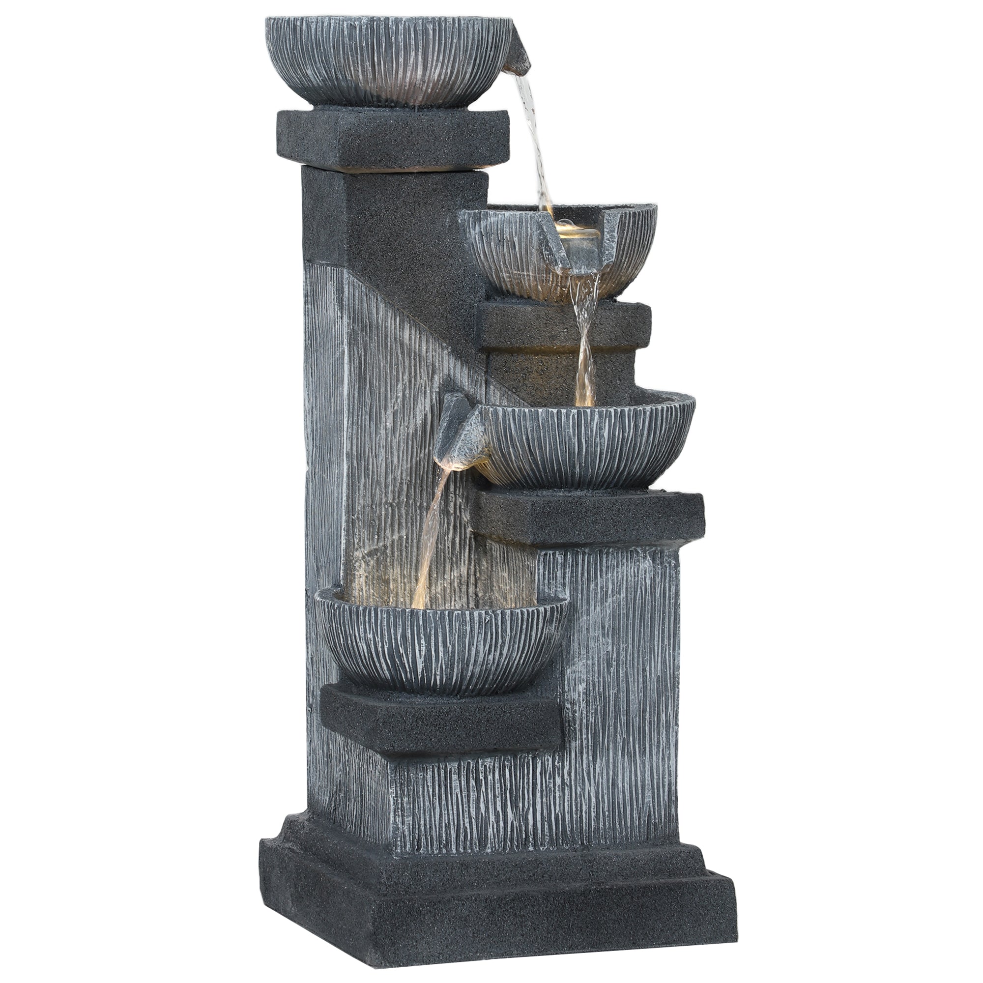 Outsunny 85 cm Outdoor Fontein, 4-Verdiepingen Sierfontein, Kunstmatige Waterval met LED-verlichting en Pomp, Grijs