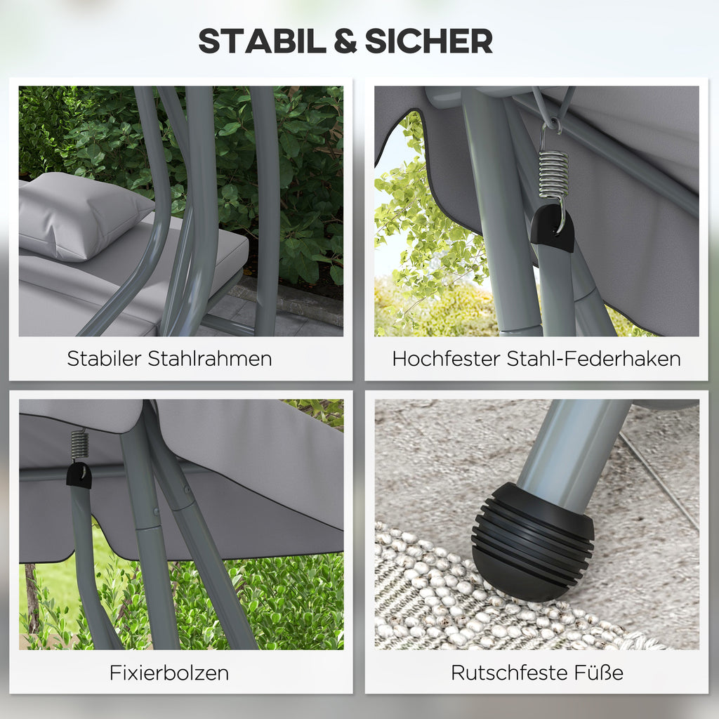 Outsunny 2-in-1 Hollywoodschommel met Ligfunctie, Verstelbaar Dak, tot 340 kg, Staal, 200x120x164 cm, Grijs