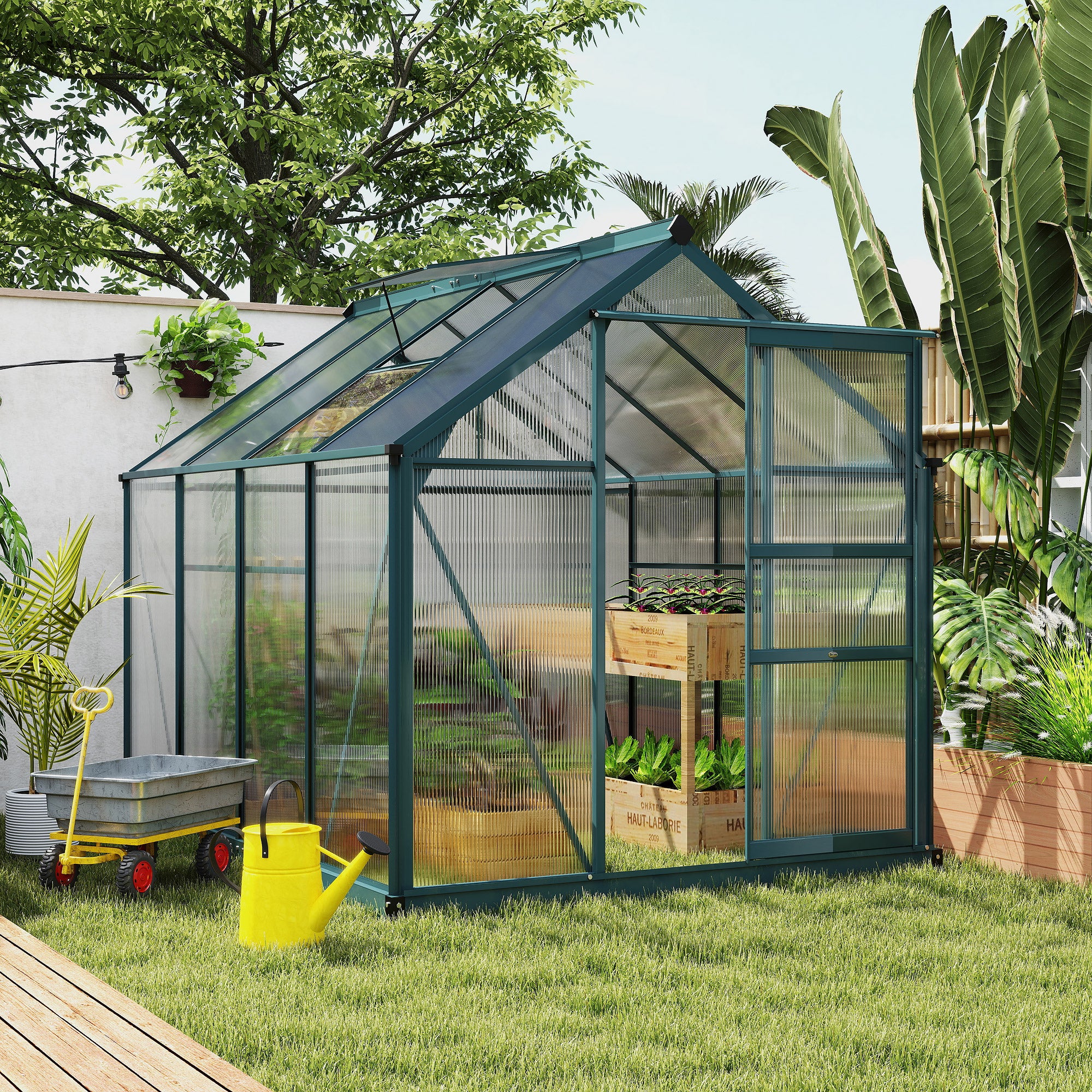 Outsunny kas met polycarbonaat behuizing en dakklep, 190x 252 x 201 cm