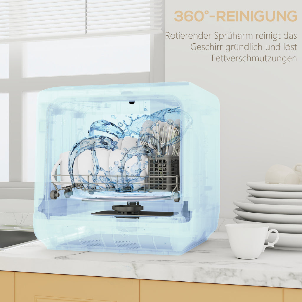HOMCOM Tafelvaatwasser, Mini-Vaatwasser met 6-Liter-tank, 5 Programma's, LED-display, Droogfunctie, Wit