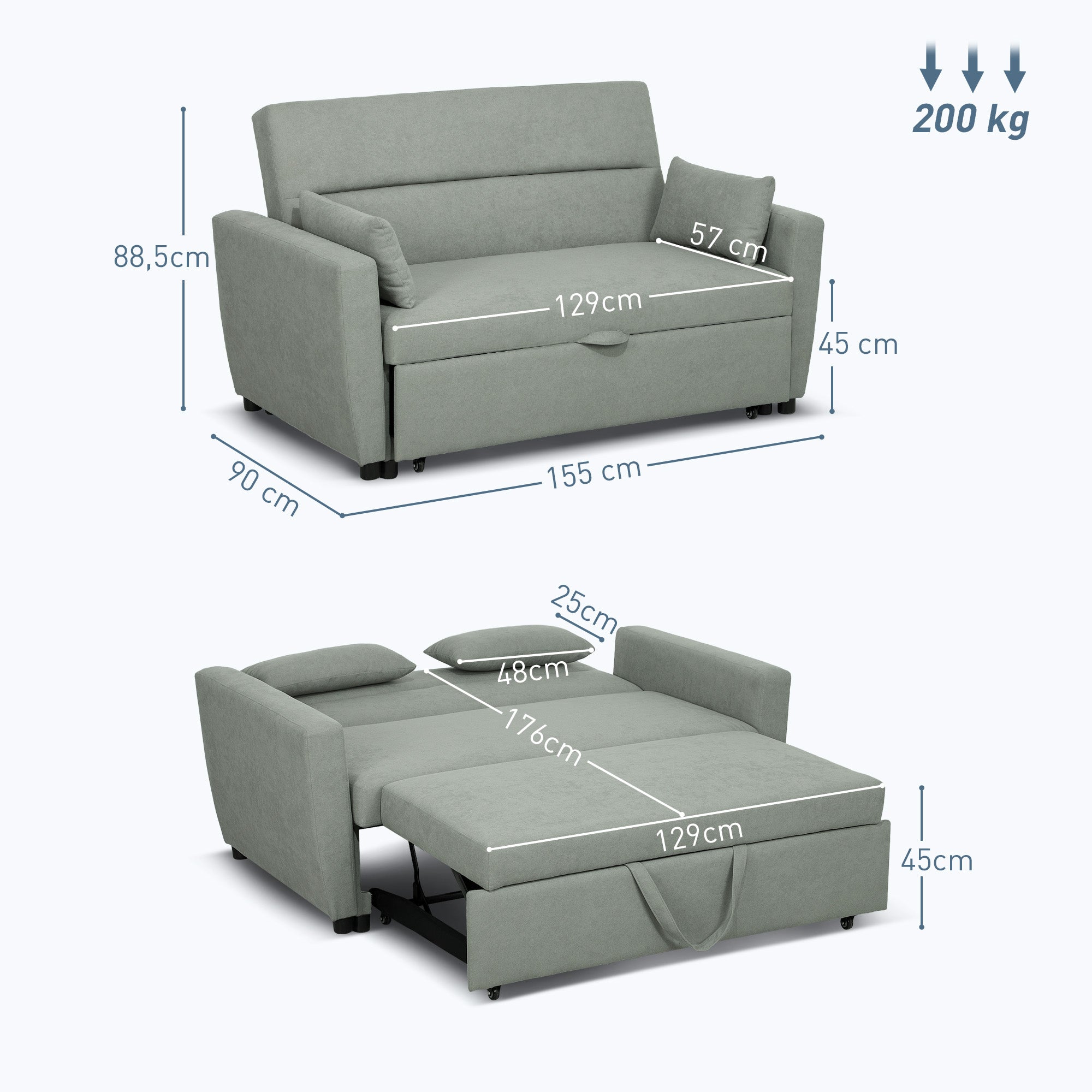 HOMCOM 2-zitsbank met bedfunctie, verstelbare rugleuning, gestoffeerde bank, fluwelen look, voor woonkamer, slaapkamer, lichtgrijs