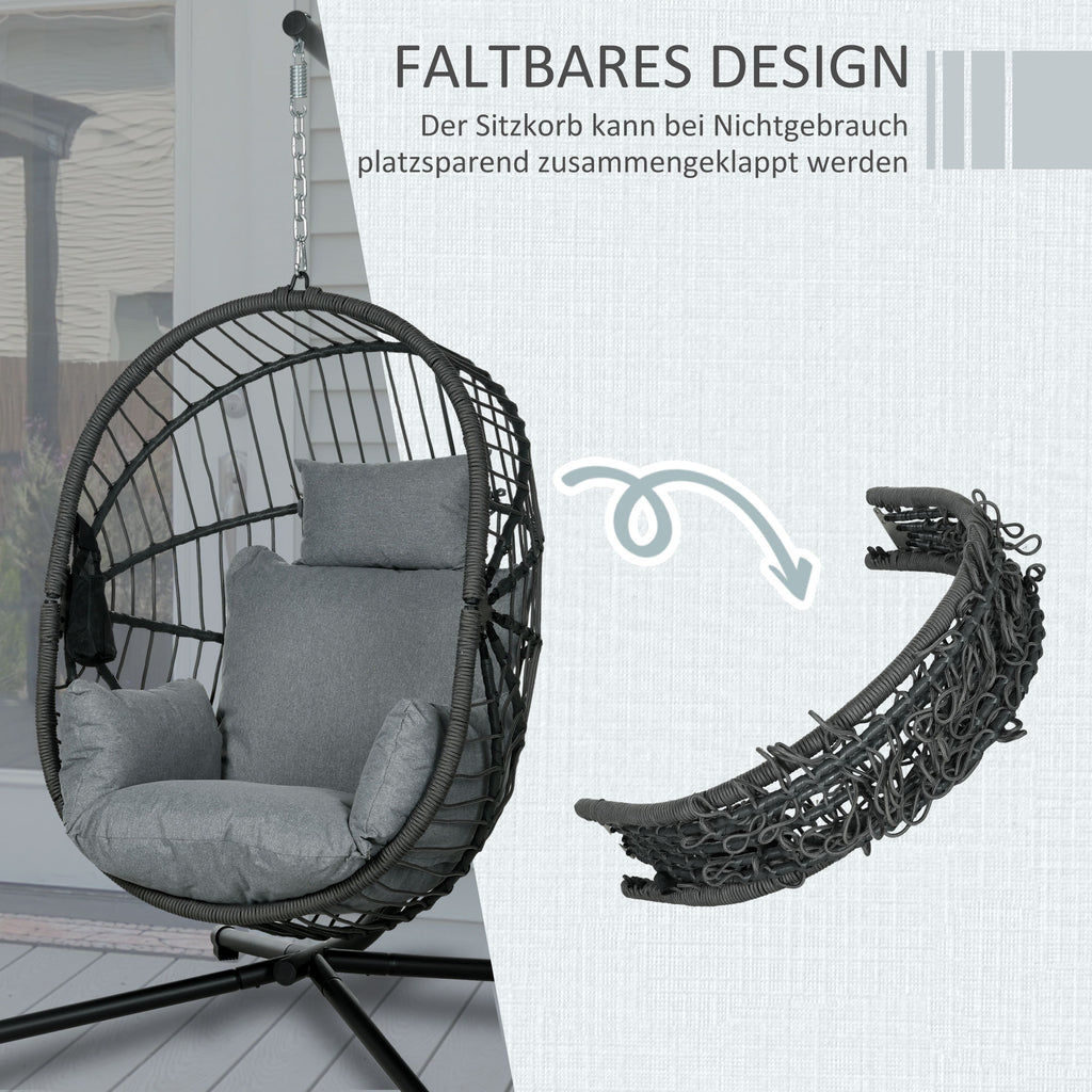 Outsunny Hangstoel voor buiten, inclusief kussen, Egg-Chair, 120 cm x 106 cm x 188 cm, Grijs