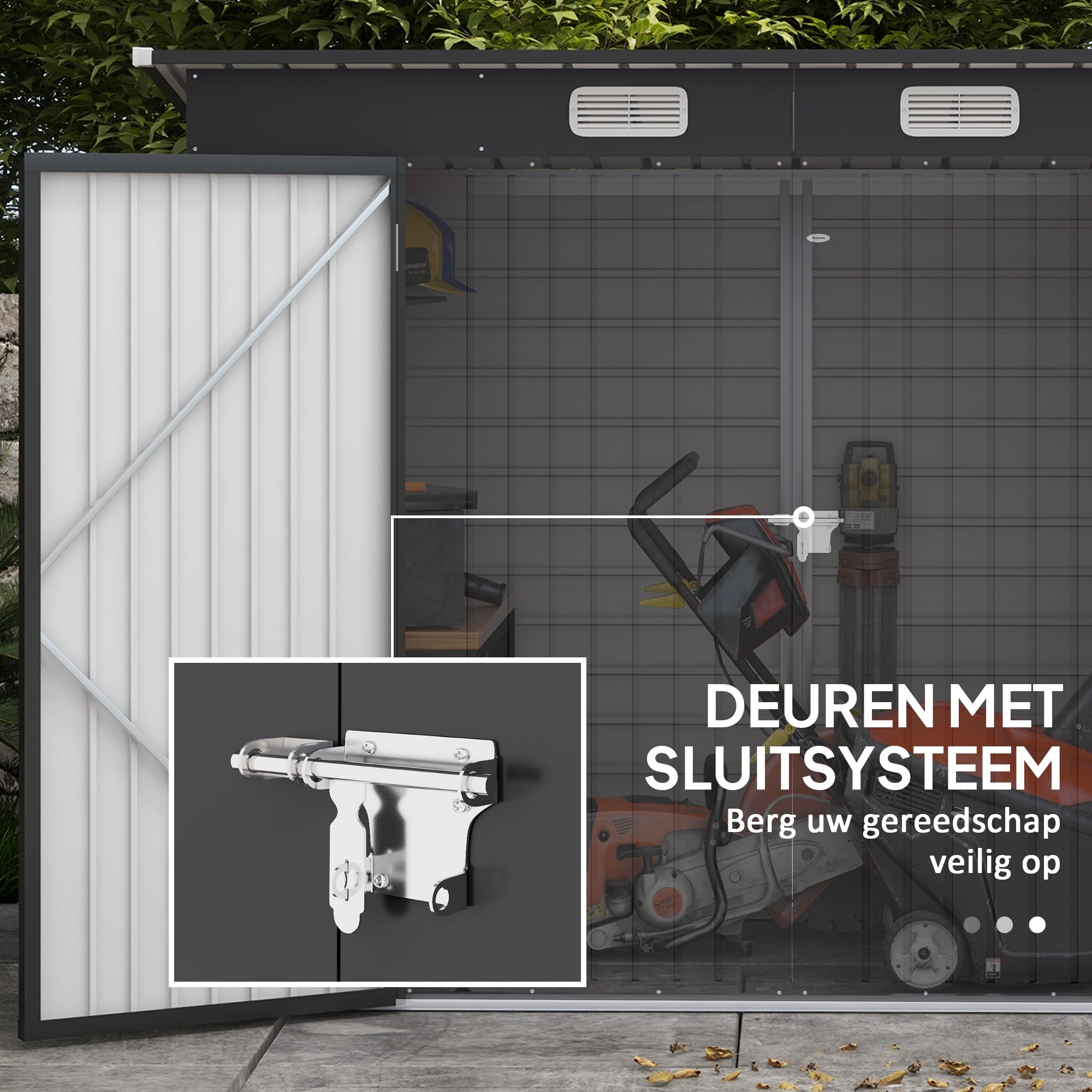 Outsunny Stalen tuinschuurtje, Geräteschuppen, Dubbele Deuren, 249B x 121D x 166/183H cm, Grijs