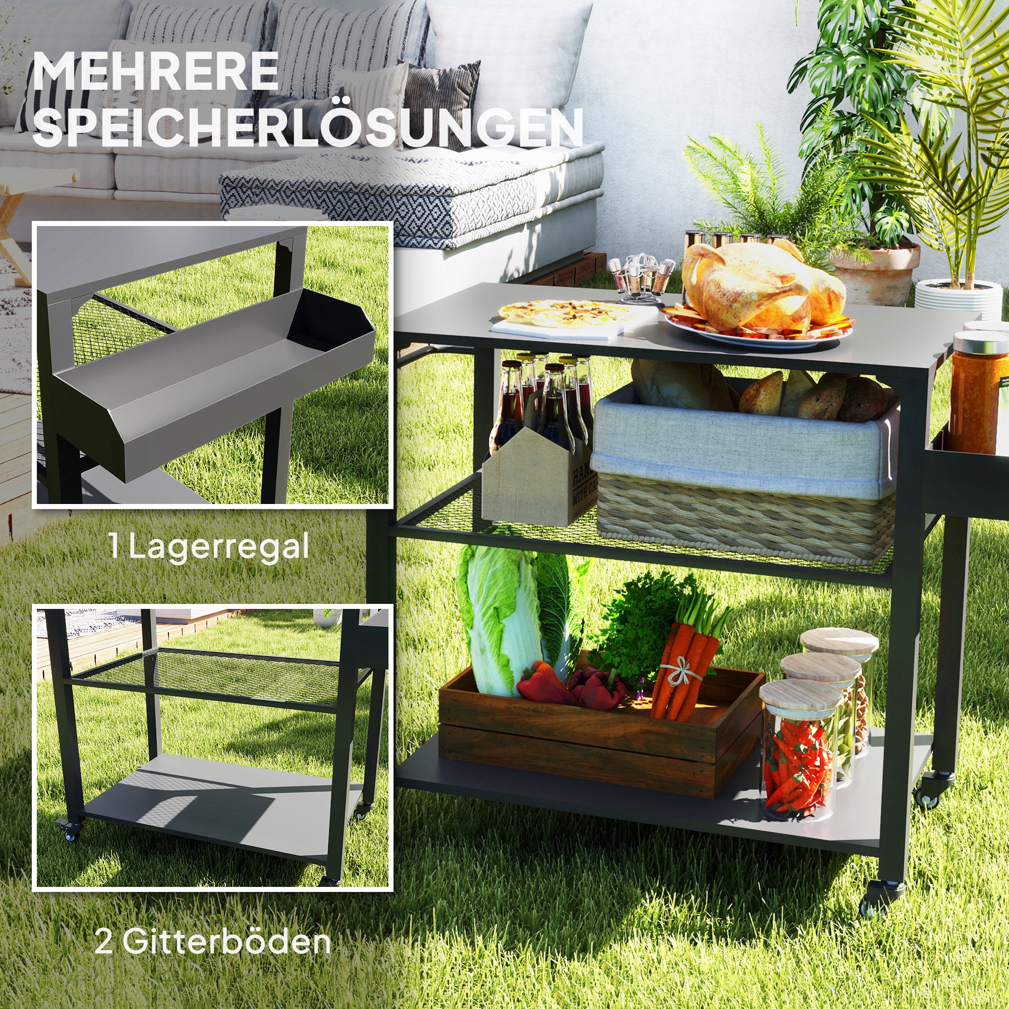 Outsunny Outdoor Keukeneiland, Grillwagen met Opbergrek, Handvat, 4 Wielen, Keukentrolley, Tuin, Terras, Metaal, Zwart
