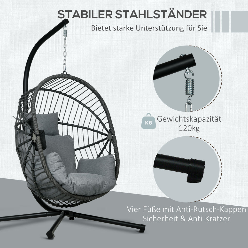 Outsunny Hangstoel voor buiten, inclusief kussen, Egg-Chair, 120 cm x 106 cm x 188 cm, Grijs