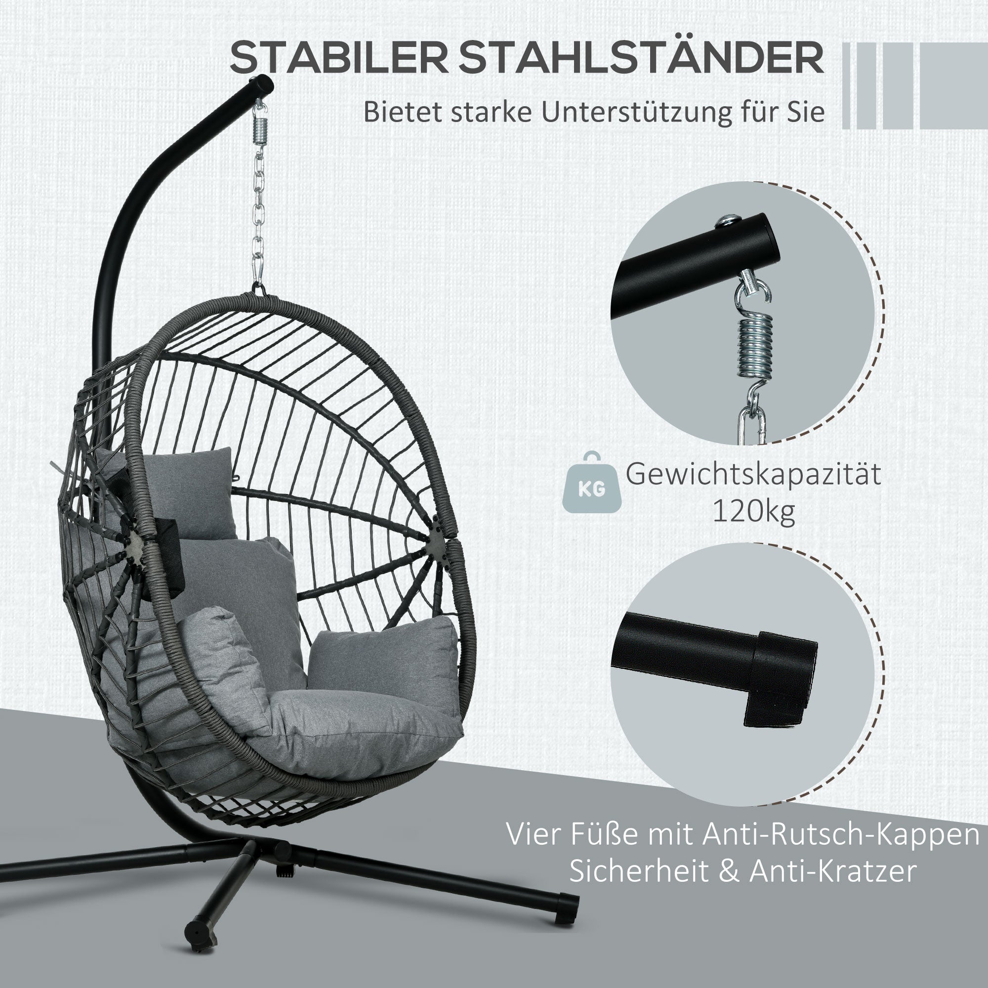 Outsunny Hangstoel voor buiten, inclusief kussen, Egg-Chair, 120 cm x 106 cm x 188 cm, Grijs