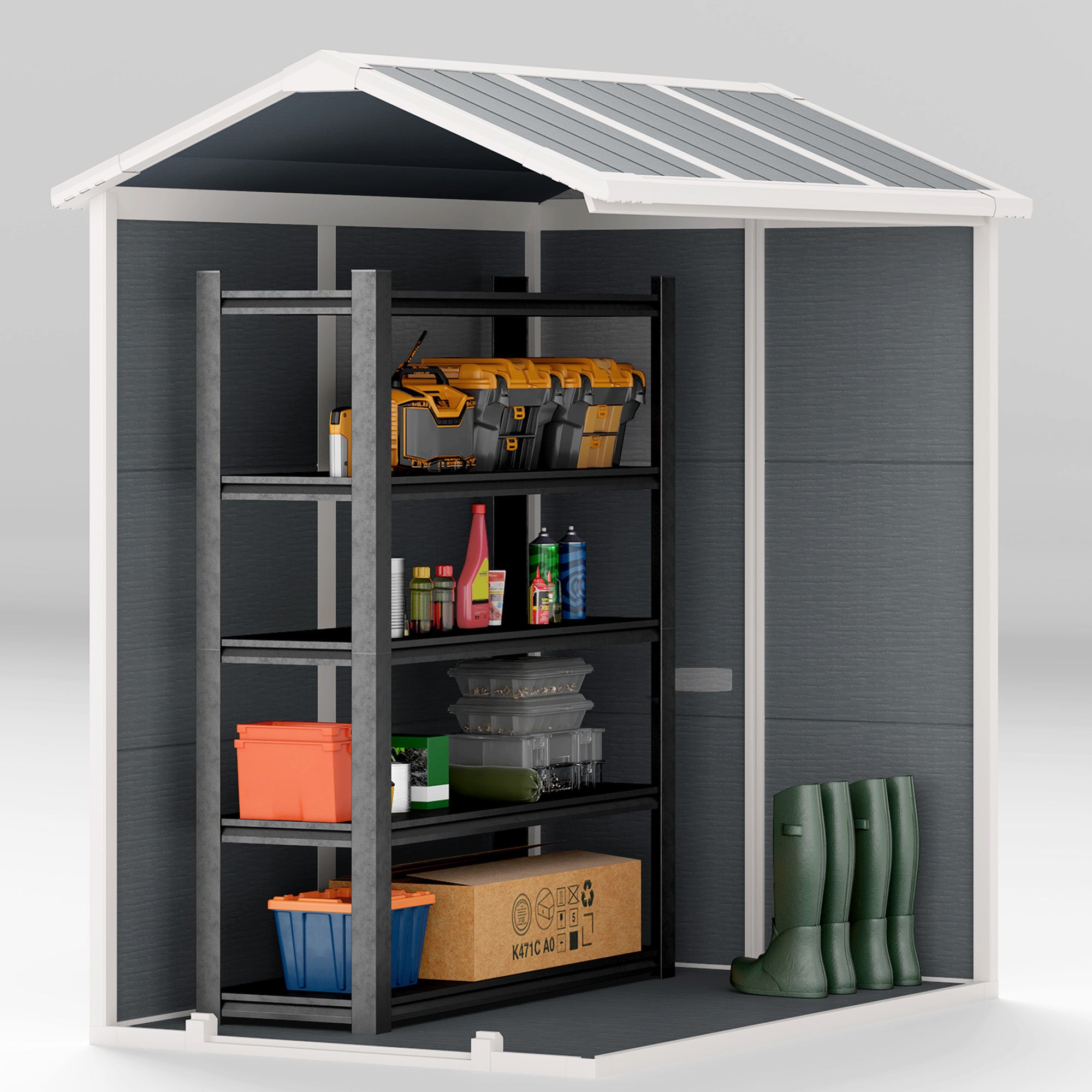 Outsunny Tuinschuur, Kunststof Tuinhuis met Vloer, Venster, Vergrendelbare Deuren, voor Tuin, 131B x 186D x 198H cm, Grijs