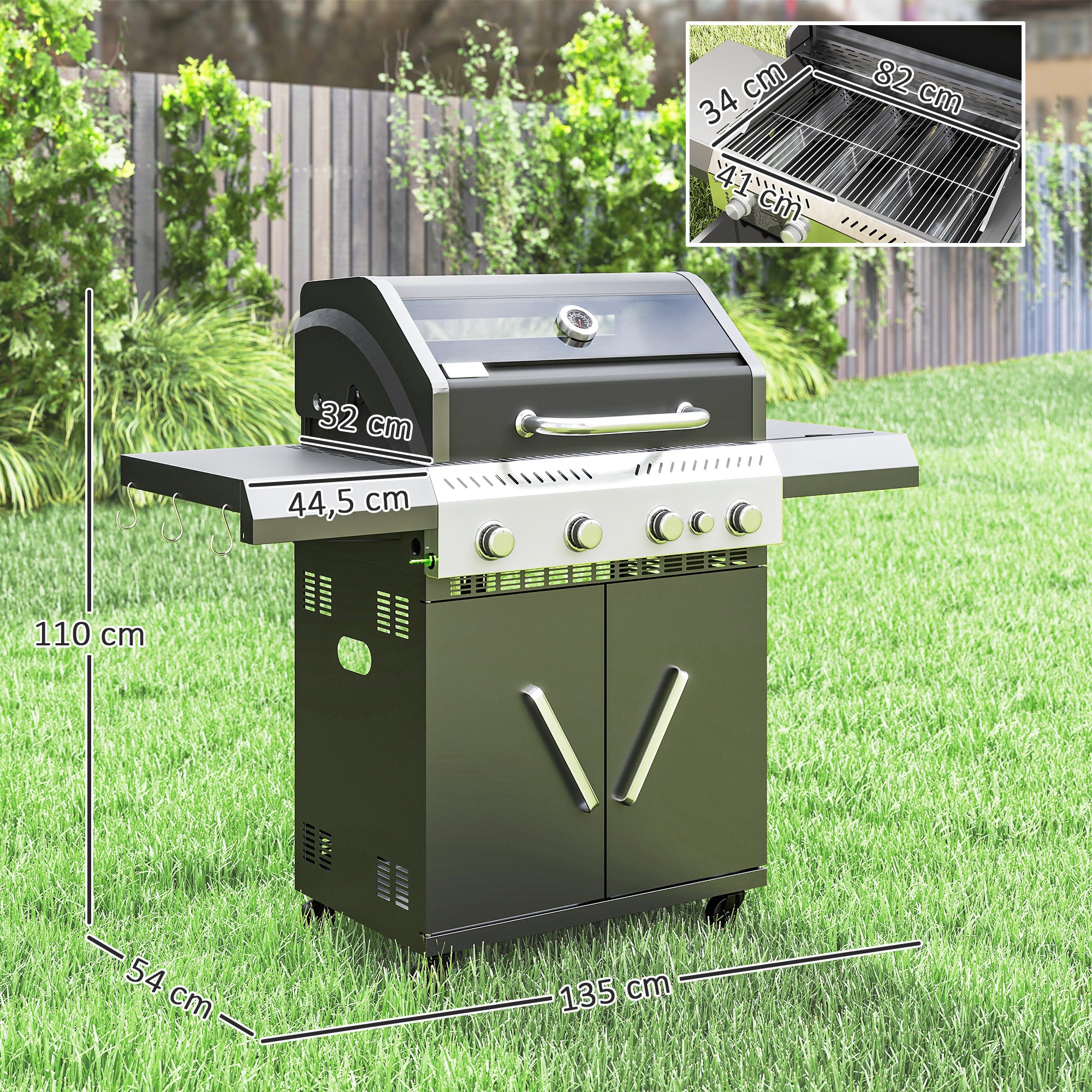 Outsunny Gasgrill 12 KW Grillwagen met 5 Branders, Zijkoker, Deksel, Thermometer, Zijplanken 135 x 54 x 110 cm