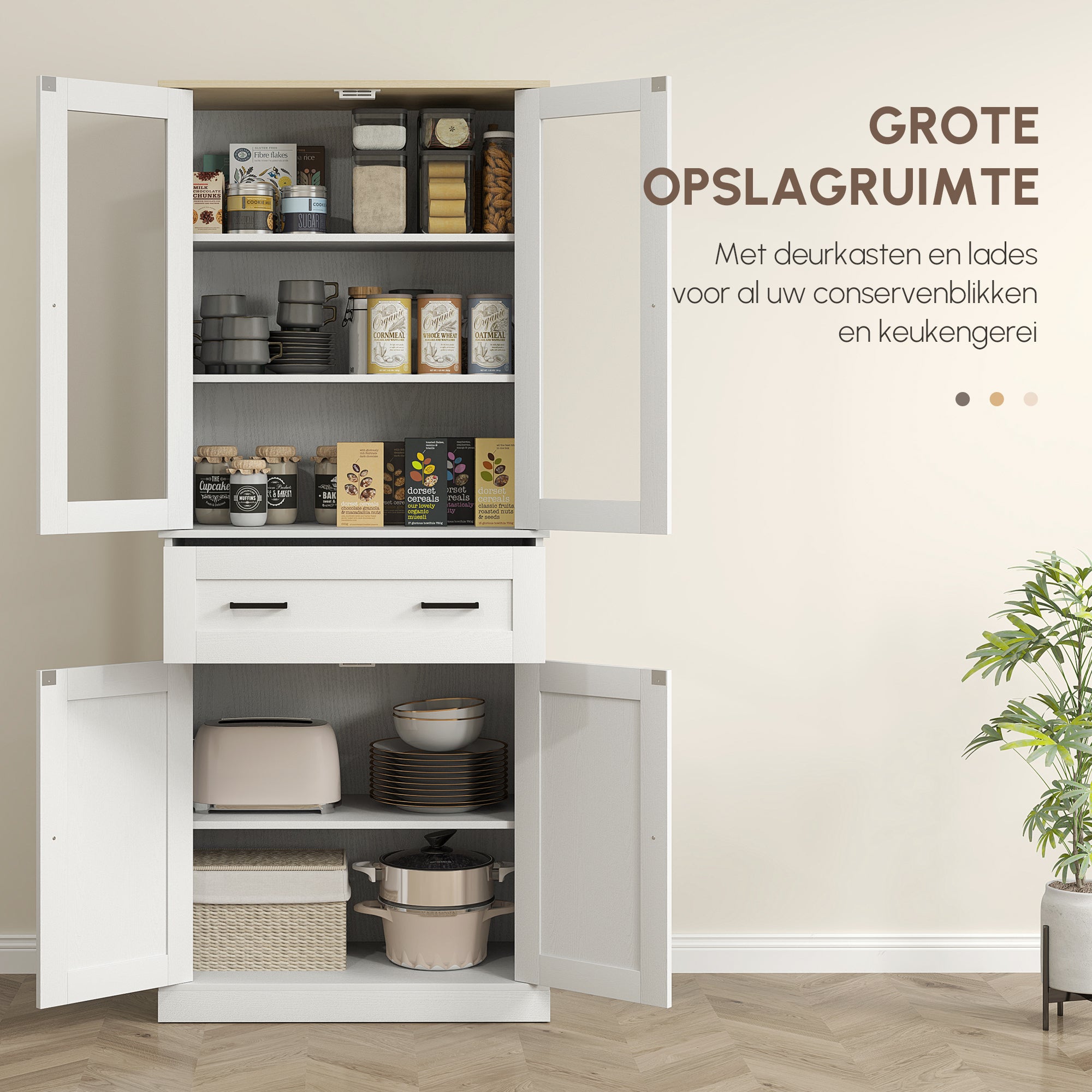 HOMCOM Keukenkast, Buffet, Acrylfront, Lades, 76 x 40 x 182,5 cm, Crèmewit