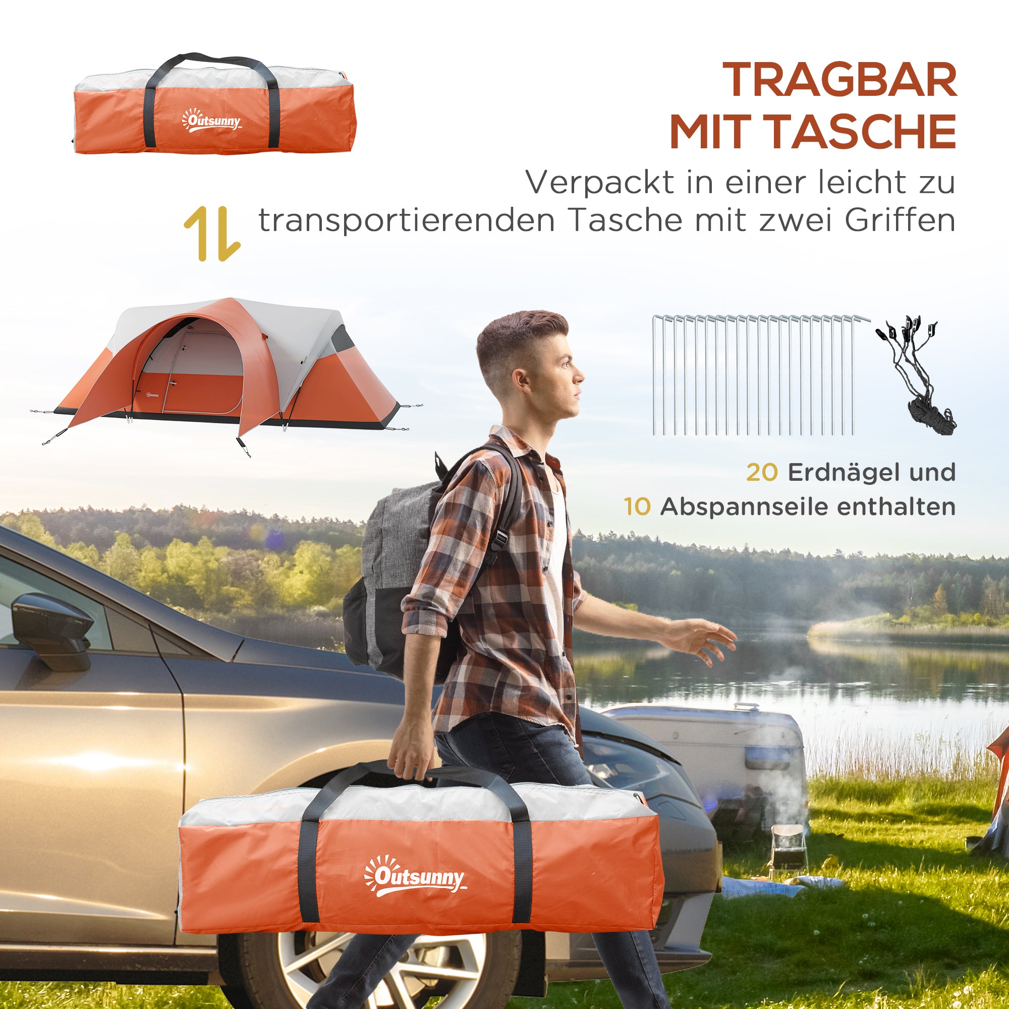 Outsunny Kampeertent voor 5-6 Pers., Familietent, waterdicht, met Voortent, 550L x 300B x 198Hcm, Oranje