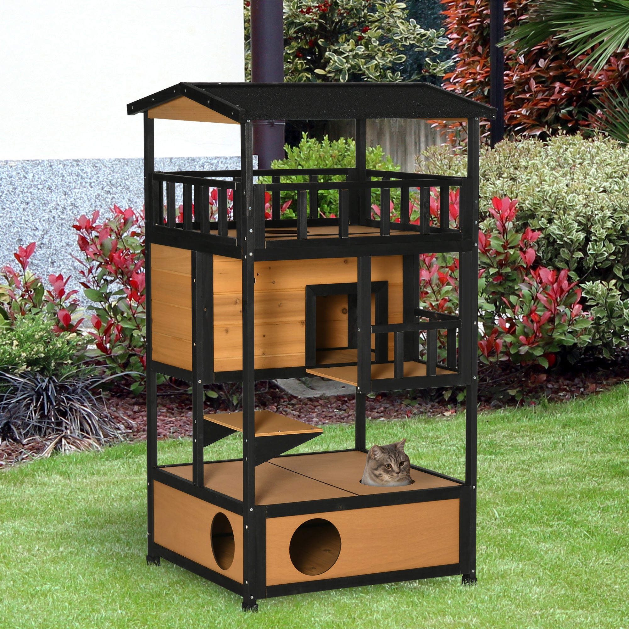 PawHut Outdoor Kattenhuis Kattenhut, weerbestendig, 75,5 cm x 75 cm x 137 cm, Geel