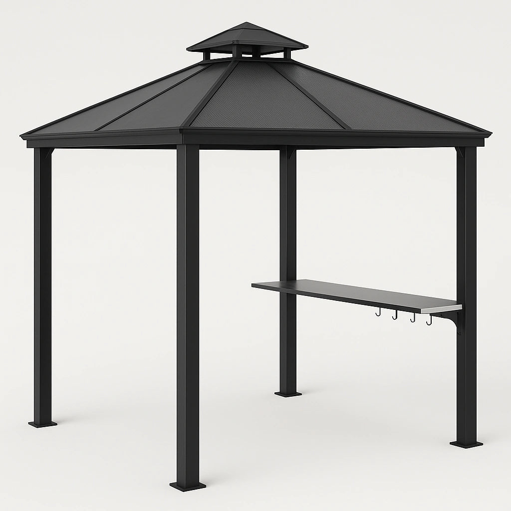 Sort metal havegrillskur med riste og kroge, 2,5 x 2,5 x 2,8 m