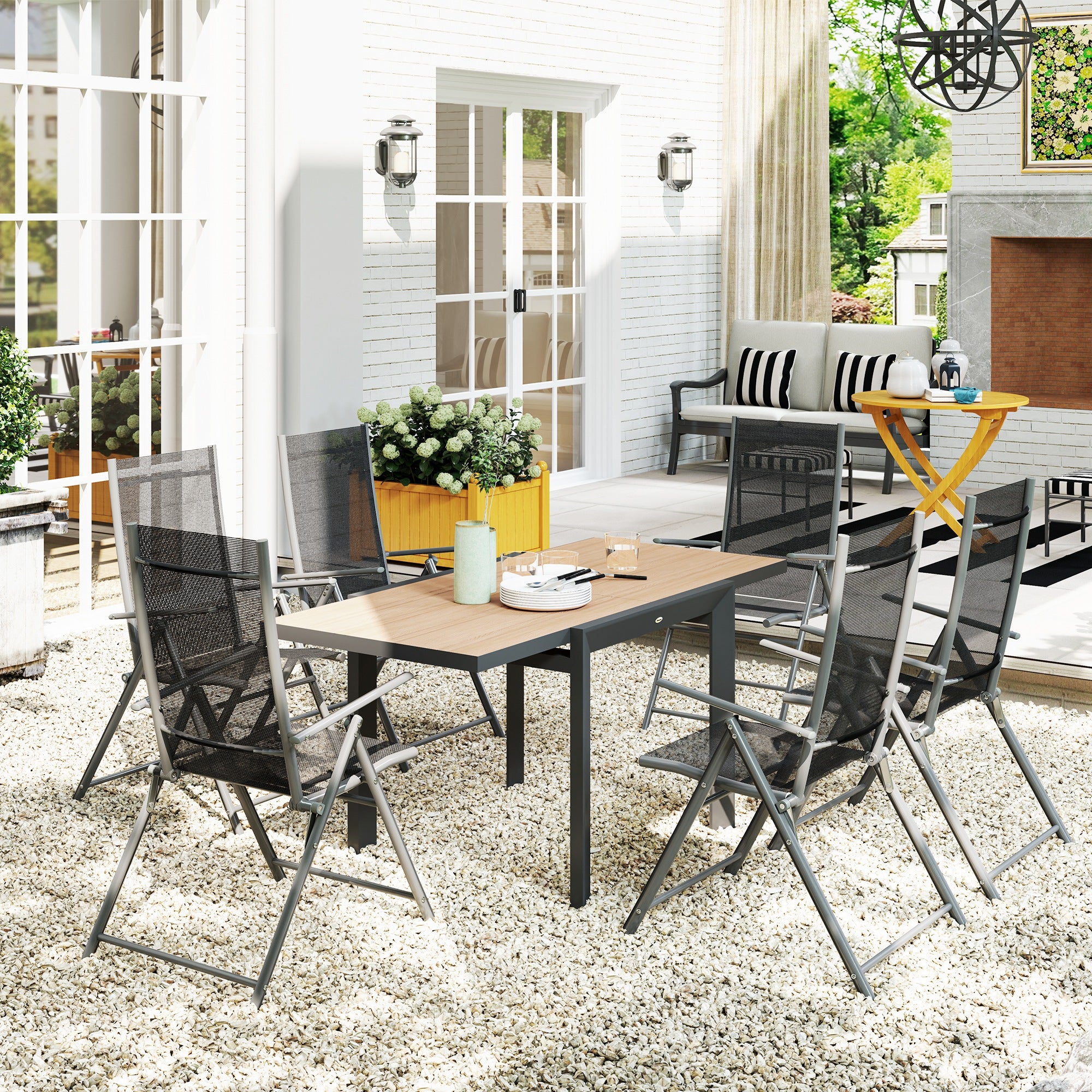 Outsunny Weerbestendige Uitschuifbare Aluminium Tuintafel 80/160x80 cm voor 6 Personen in Natuurhout Look