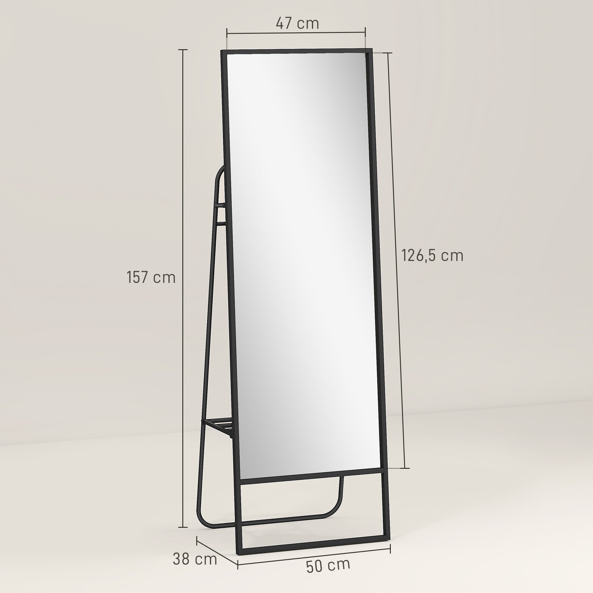 HOMCOM Volledige lichaamsspiegel, industrieel ontwerp, achterplank, 2 haken, metalen frame, voor slaapkamer, 157 x 50 cm, Zwart