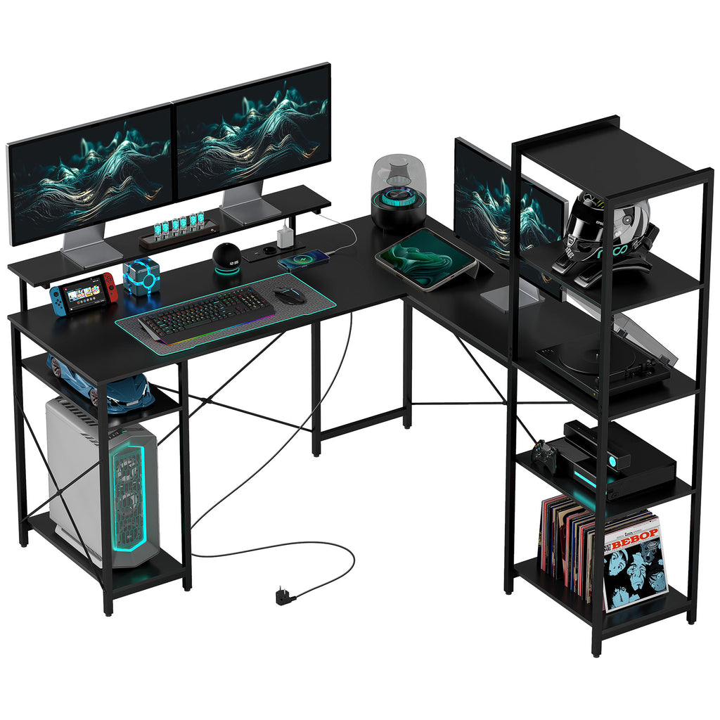 HOMCOM L-vormig Bureau met Oplaadstation, Hoek Computertafel met Monitorstandaard en Planken, voor Thuiswerkplek, Kantoor, Zwart