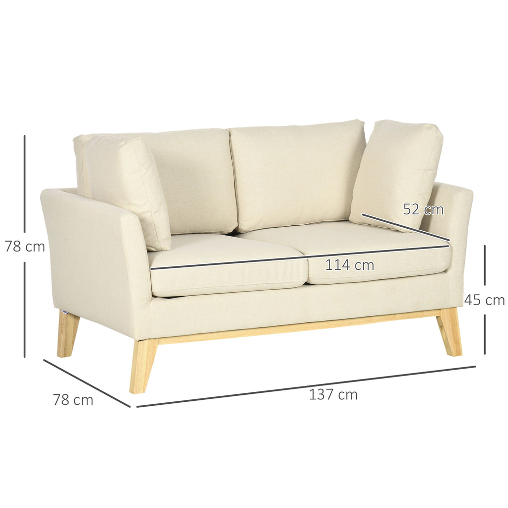 HOMCOM 2-zitsbank, Scandinavisch design, 2 sierkussens, frame van natuurlijk hout, beige, 137 x 78 x 78 cm