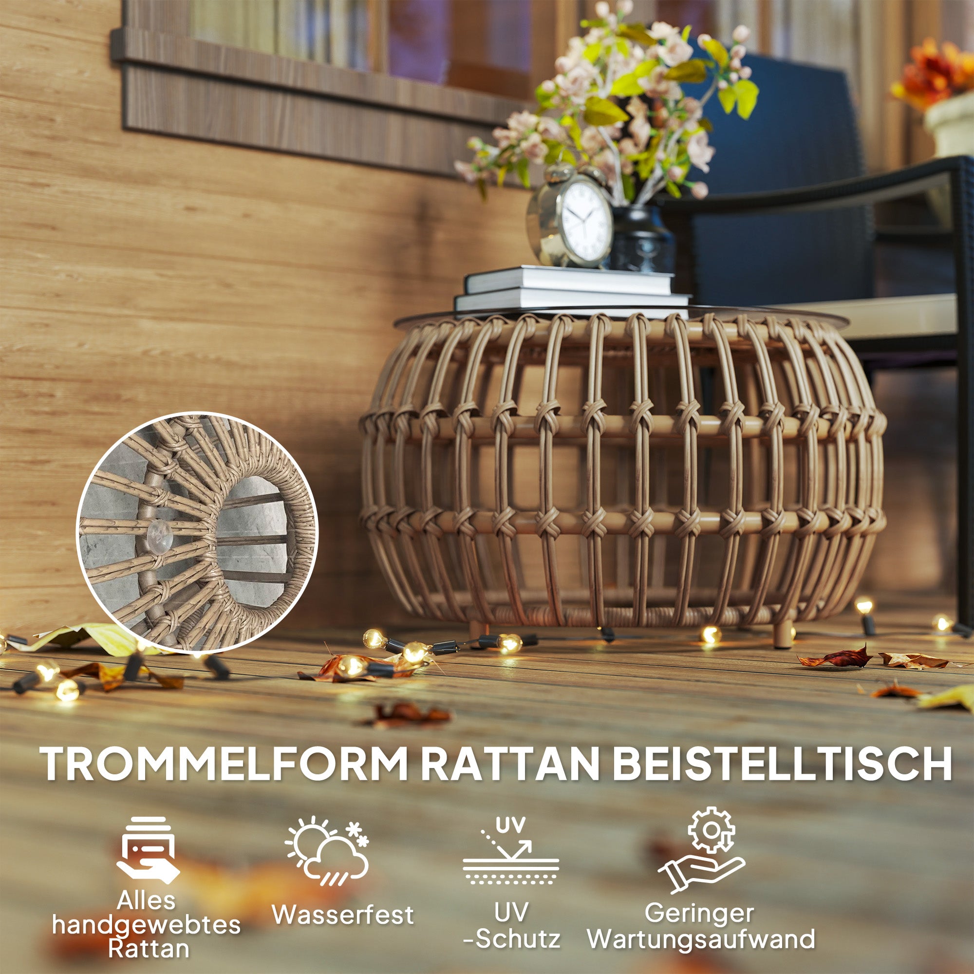 Outsunny 2-delige Set Bijzettafels Polyrattan Ø66/42 cm Rond Weerbestendig met Glazen Blad - Bruin