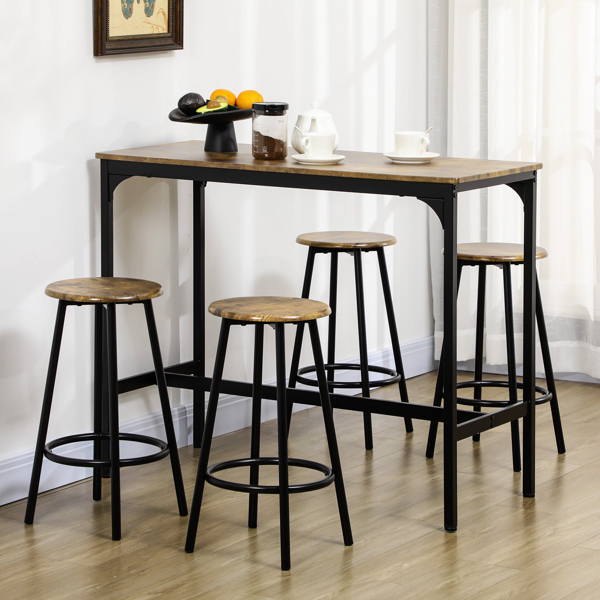 HOMCOM 5-delig. Bartafelset met industrieel design, 1 bartafel, 4 barkrukken, bankstel, aanrecht, zwart+bruin