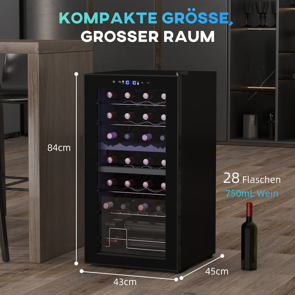 HOMCOM Kleine Wijnkoelkast voor 28 Flessen, 74 Liter, Glazen Deur, LED-Verlichting, Touch-Screen