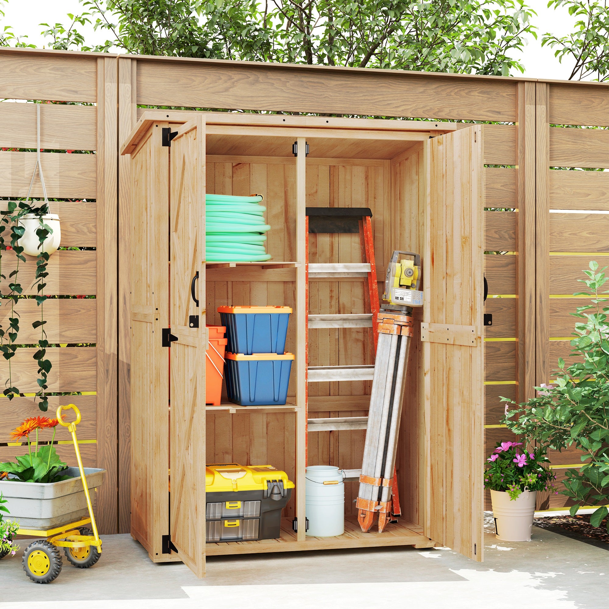 Outsunny Tuinopslagschuur, houten schuur voor gereedschap en tuinapparatuur, asfaltdak, dubbele deuren, sparrenhout, lichtbruin