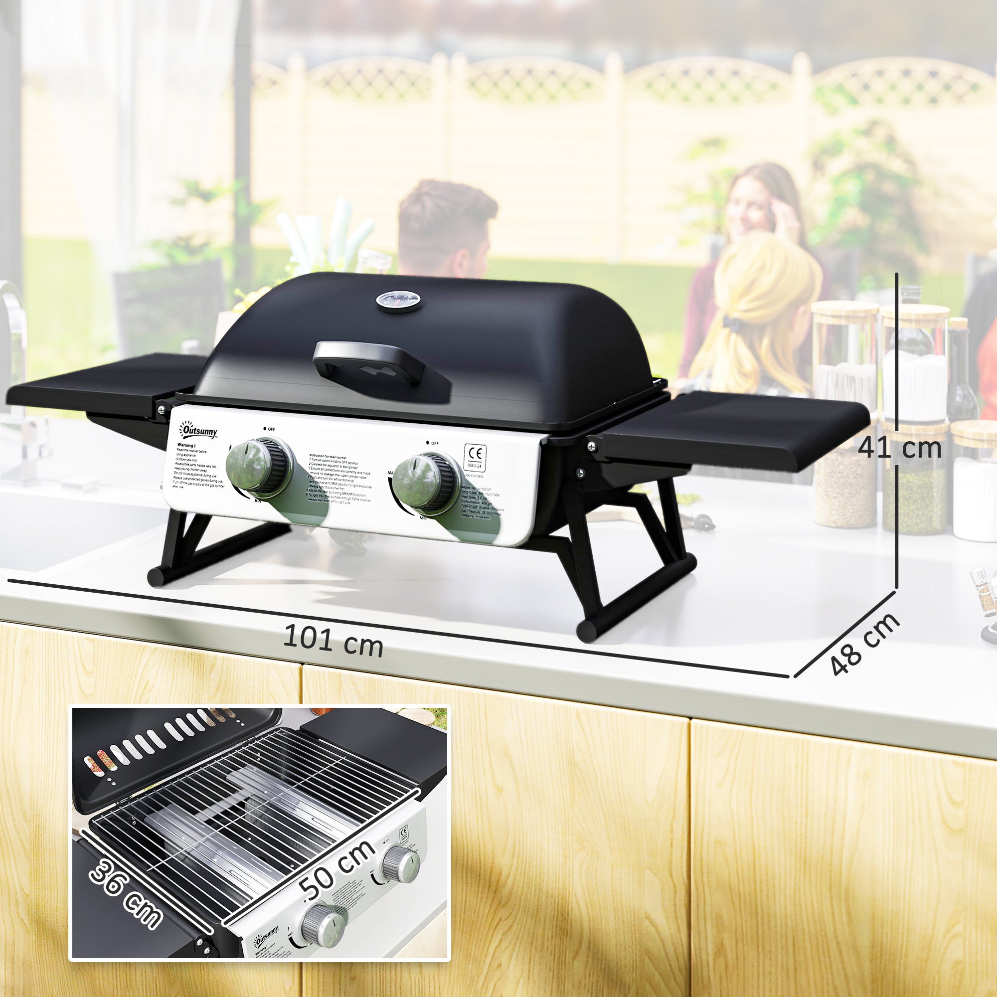 Outsunny Gasbarbecue 5,6 KW met 2 Roestvrijstalen Branders en Zijtafels, Drukregelaar 101 x 48 x 41 cm Zwart