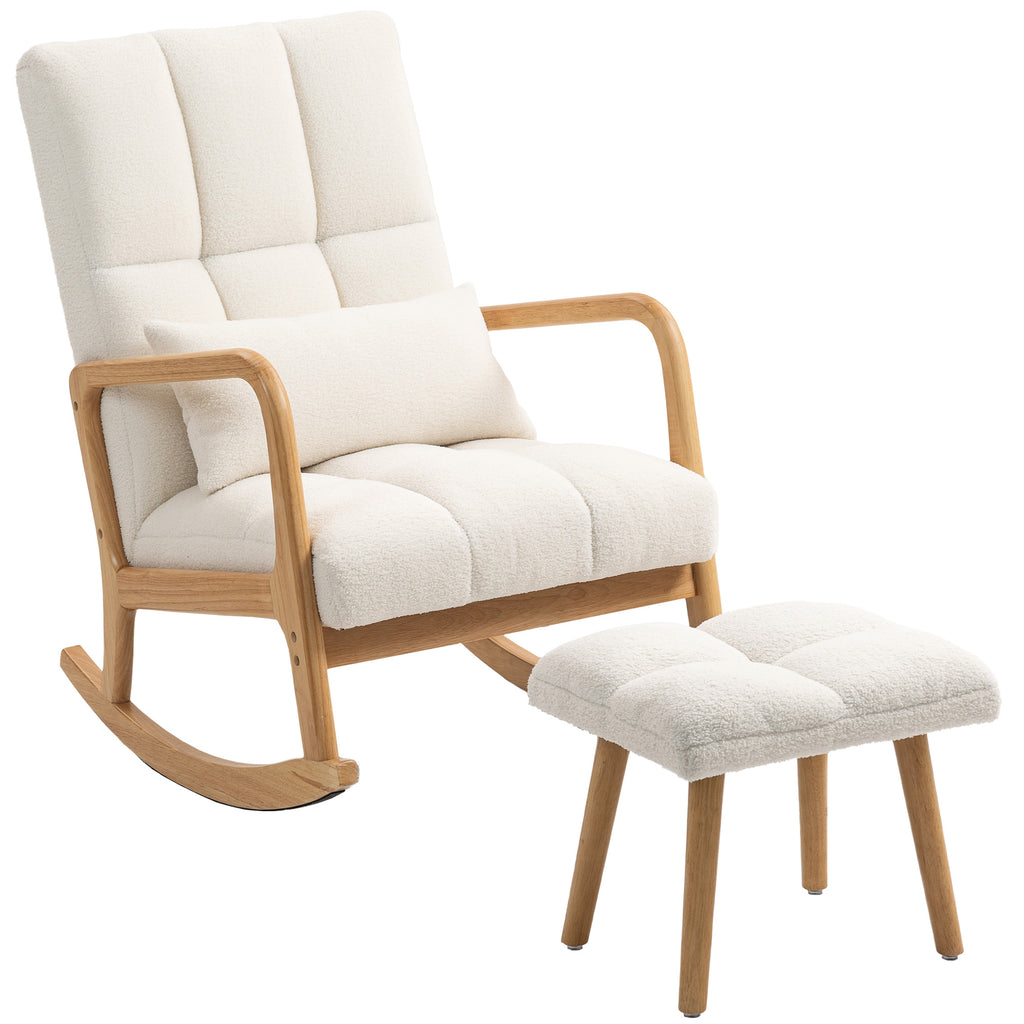 HOMCOM Schommelstoel met Voetensteun, Fleece-Bekleding, Hoge Rugleuning, Houten Poten, Voetpads, Wit