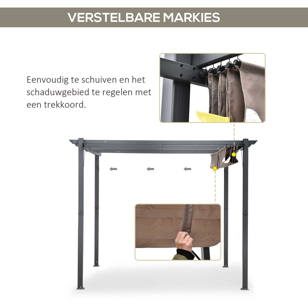 Outsunny Pergola met schuifdak paviljoen terrasoverkapping tuin aluminium 3 x 3 m bruin