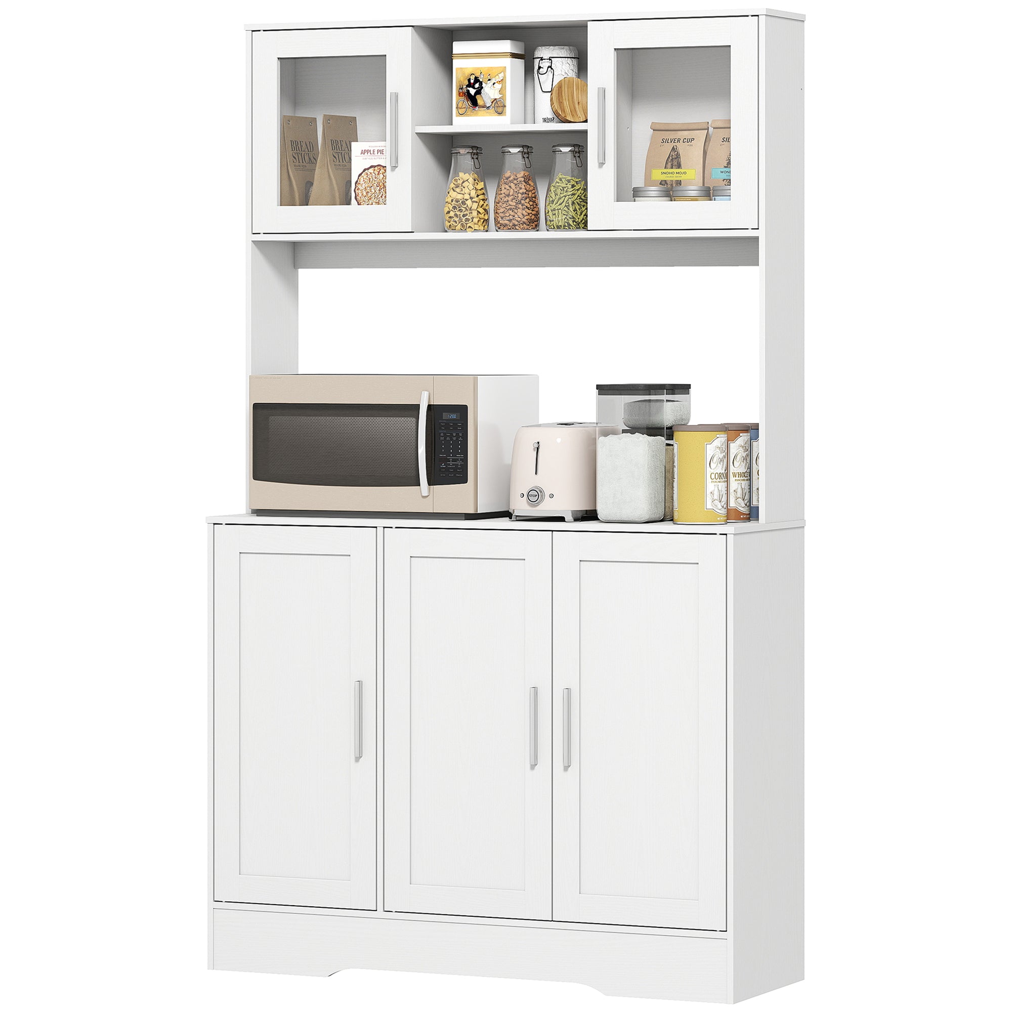 HOMCOM Keukenkast, Scandinavisch Design, 4 Kasten, Verstelbare Planken, Glazen Deuren, Open Vak, Spaanplaat, MDF, Wit
