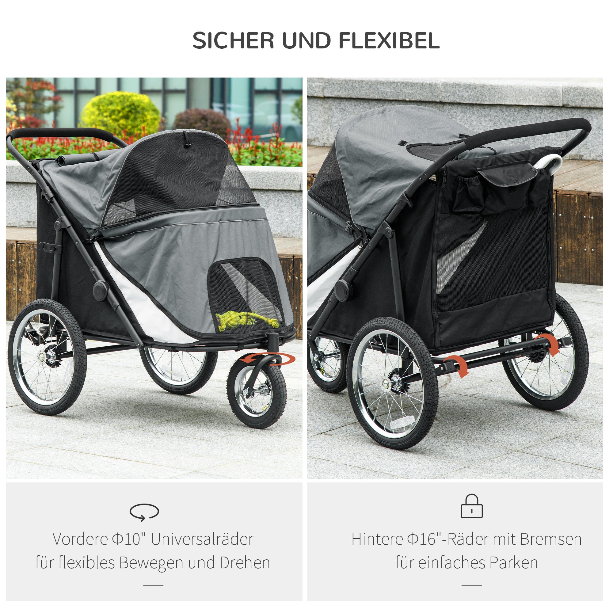 PawHut Hondenbuggy, opvouwbaar, opklapbaar, Ligkussen, Stalen frame, Grijs/Zwart