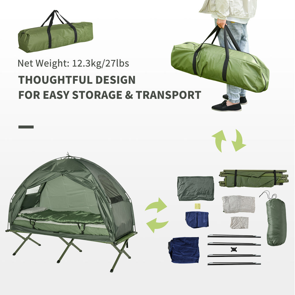 Outsunny Campingbed voor volwassenen - 4-in-1 set met tent, slaapzak, matras en waterdichte comfortabel opvouwbare, donkergroen