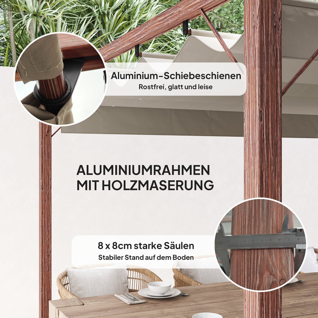 Outsunny 3 x 3 m Tuin-Pergola, Verstelbaar Terrasdak, Aluminium Frame, UPF30+ Zonbescherming, Natuurlijk Hout
