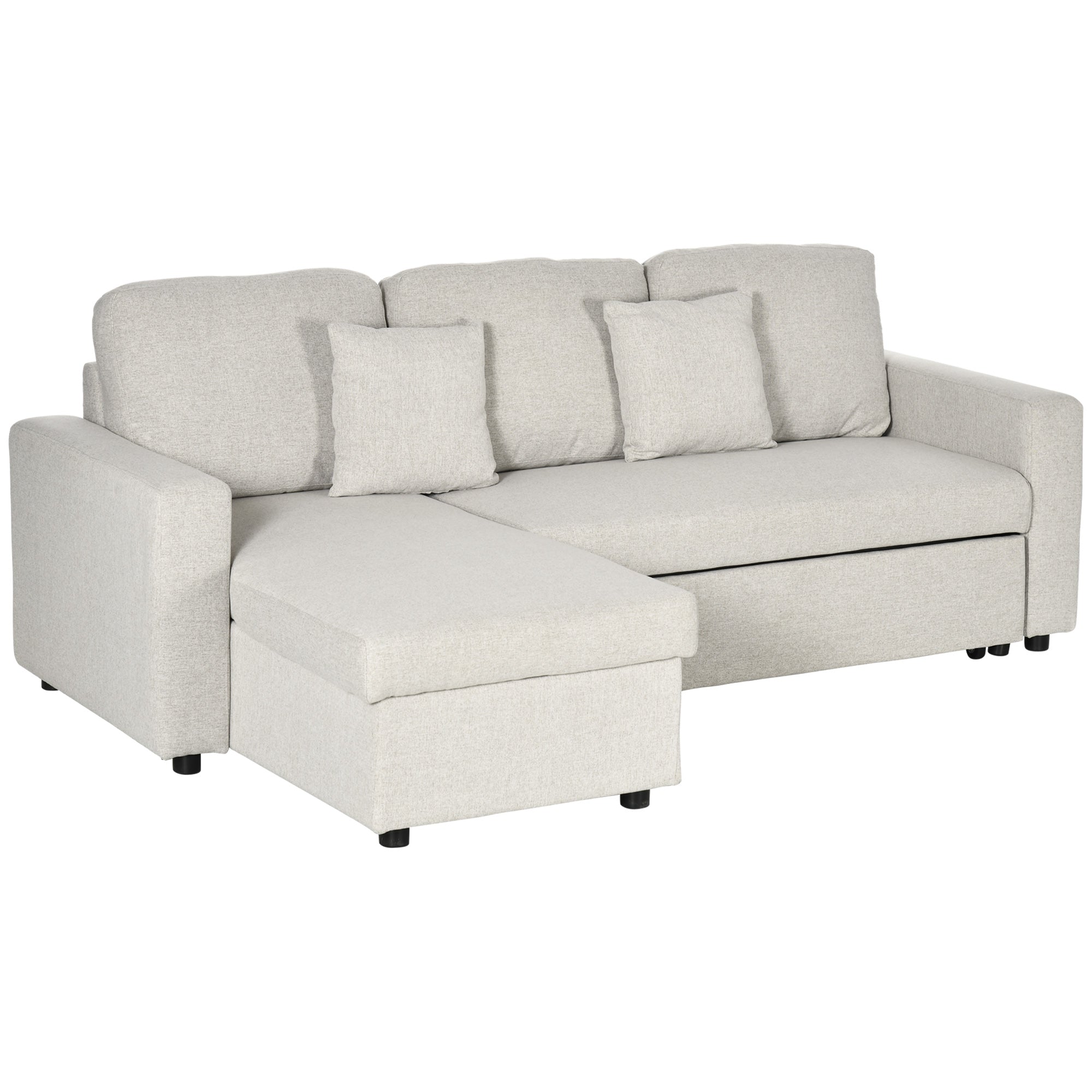 HOMCOM Slaapbank Hoekbank met Bedfunctie, inclusief 2-Zits Sofa, Eenpersoonsbed, L-vorm met Opbergruimte, 2 Kussens Crèmewit