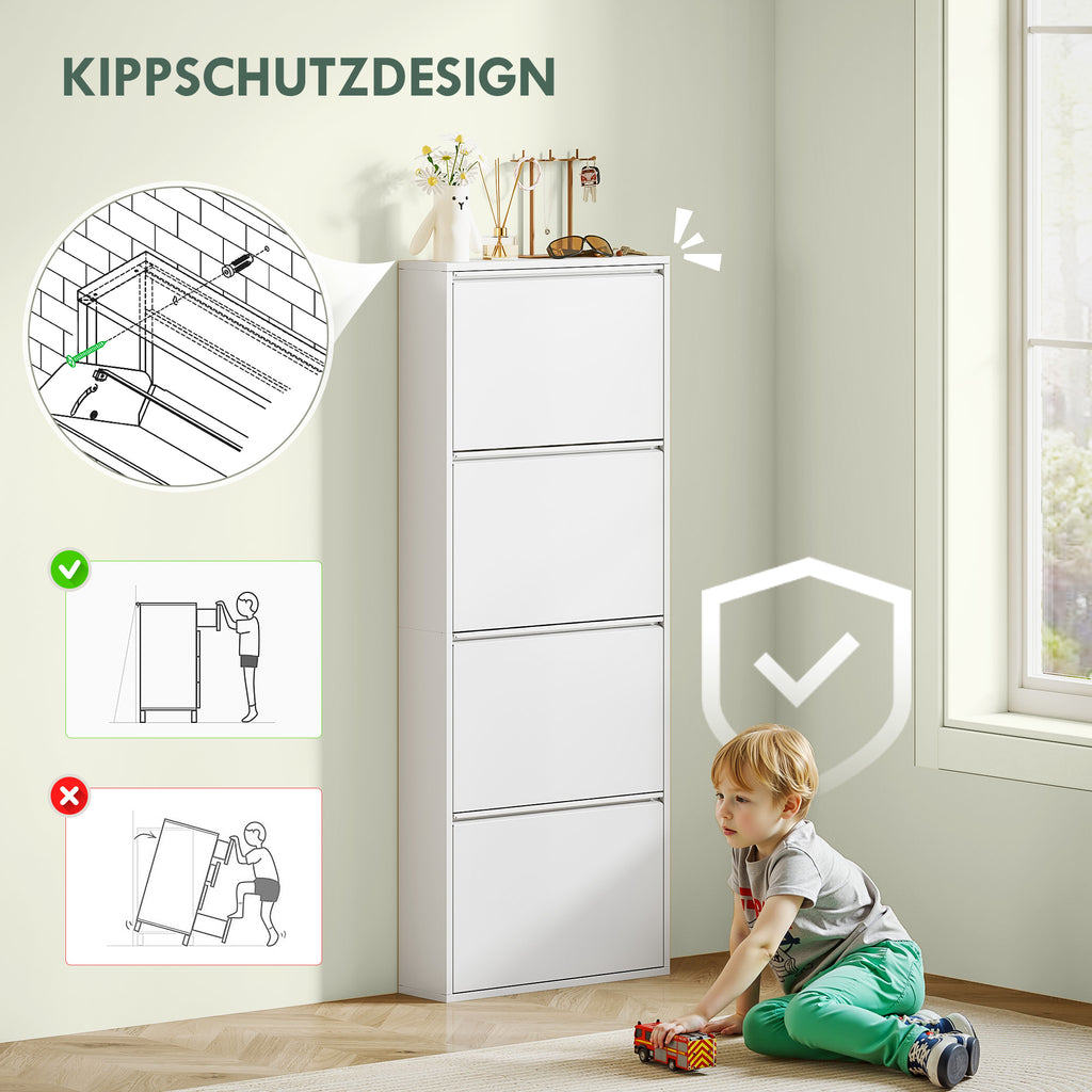 HOMCOM Smalle Metalen Schoenenkast voor Maximaal 8 Paar Schoenen, 4 Klaplades, voor Hal en Entree, Wit