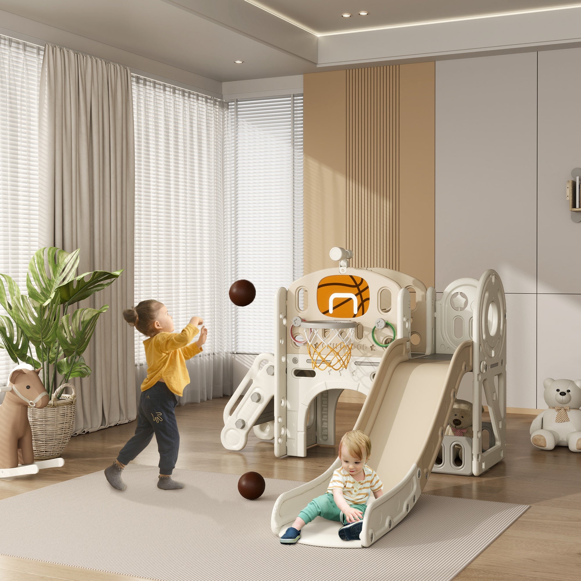 AIYAPLAY Kinder Speeltoestel, 7-in-1 Glijbaan, Binnenspeeltuin met Opslag en Kruipruimte, 186x153x111 cm, Crèmewit