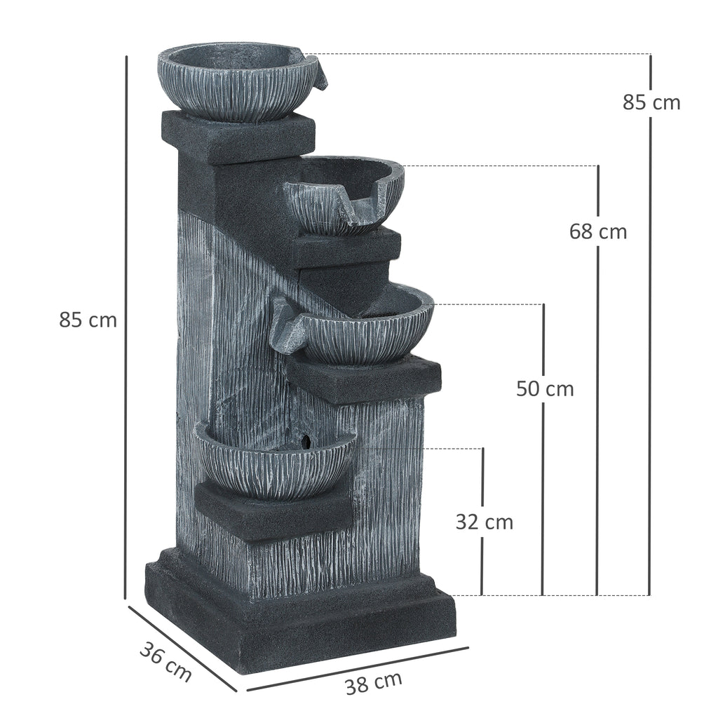 Outsunny 85 cm Outdoor Fontein, 4-Verdiepingen Sierfontein, Kunstmatige Waterval met LED-verlichting en Pomp, Grijs