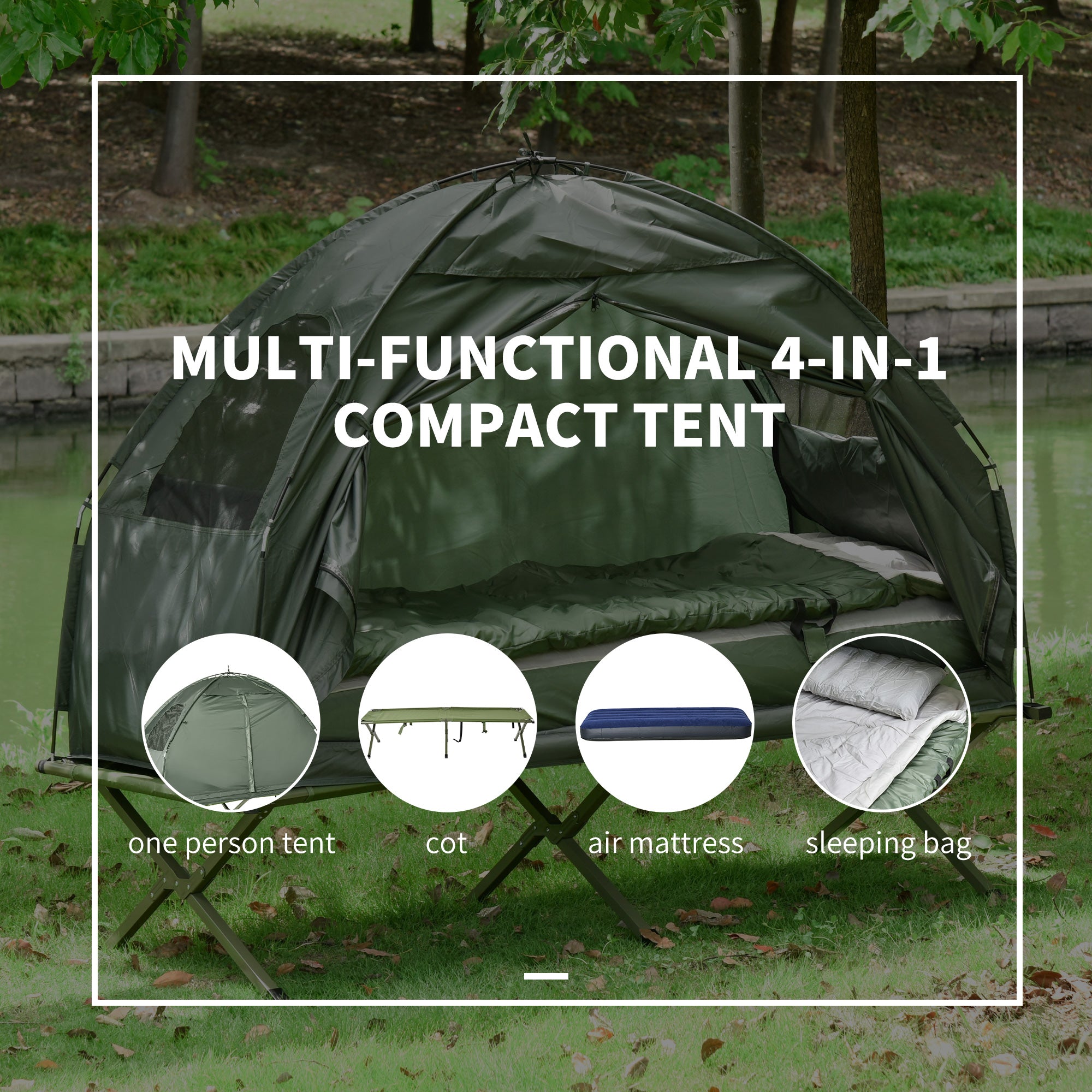Outsunny Campingbed voor volwassenen - 4-in-1 set met tent, slaapzak, matras en waterdichte comfortabel opvouwbare, donkergroen