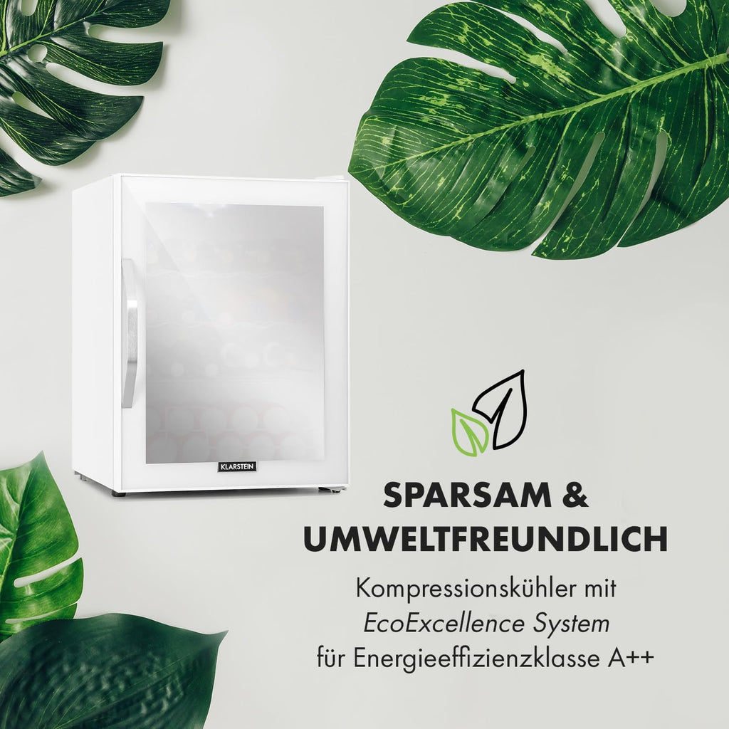 Klarstein Mini Koelkast met Glazen Deur voor Kamer, Drankenkoelkast met Verstelbare Planken, Klein 80 Liter, Indoor/Outdoor Koelkast Stil