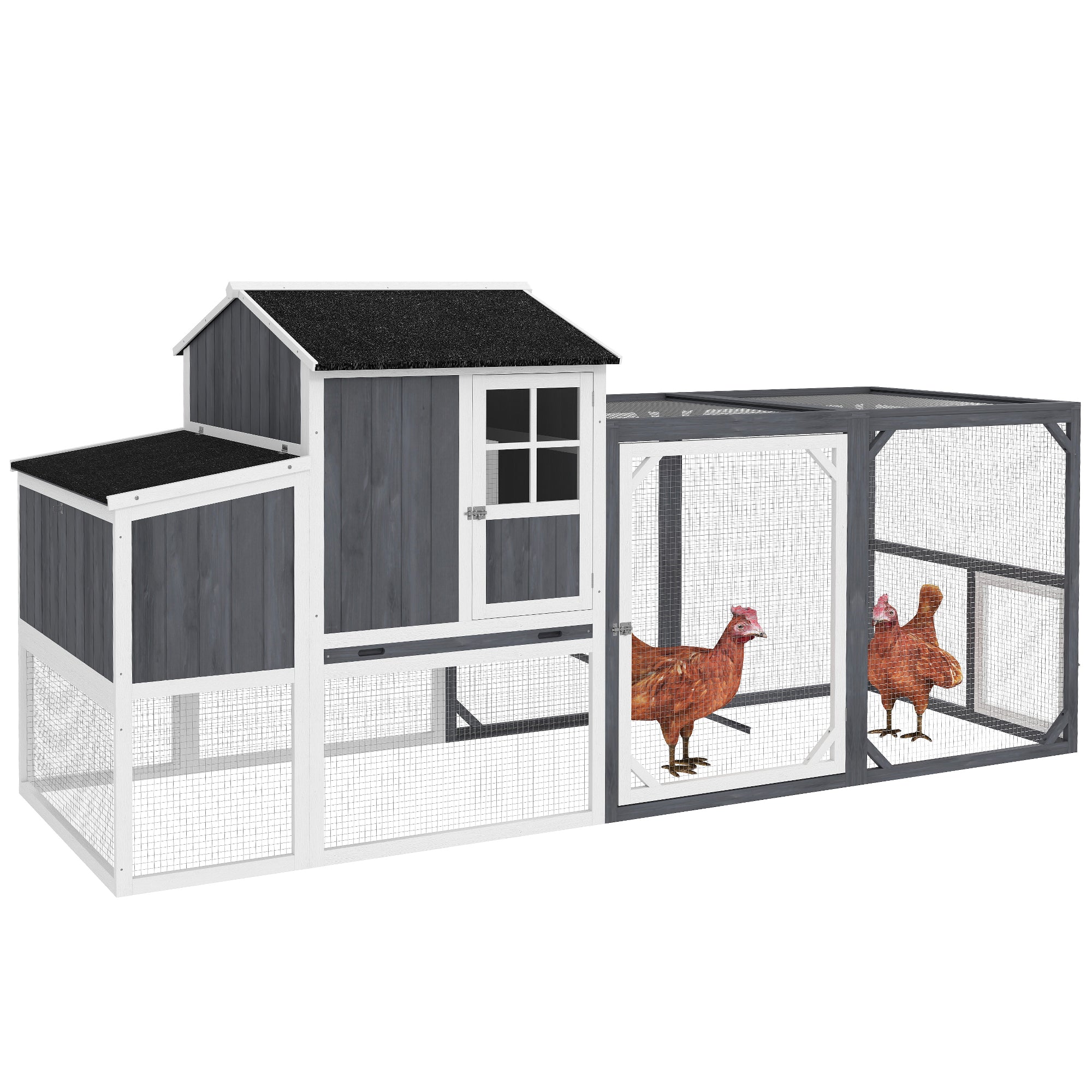 PawHut Kippenren met Uitloop voor 3-4 Kippen, 3-Delige Nestkast, 1,9 m² Oppervlak, Dennenhout, Grijs