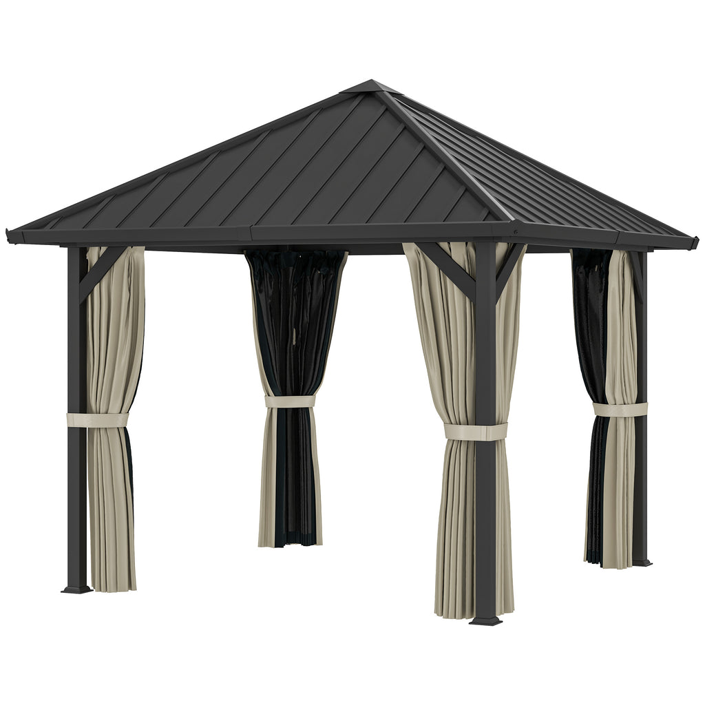 Outsunny 3 x 3m Harddak Paviljoen, Tuinpaviljoen met Metalen Dak, Waterbestendig Tuinzelt met Net en Zijwanden, Donkergrijs