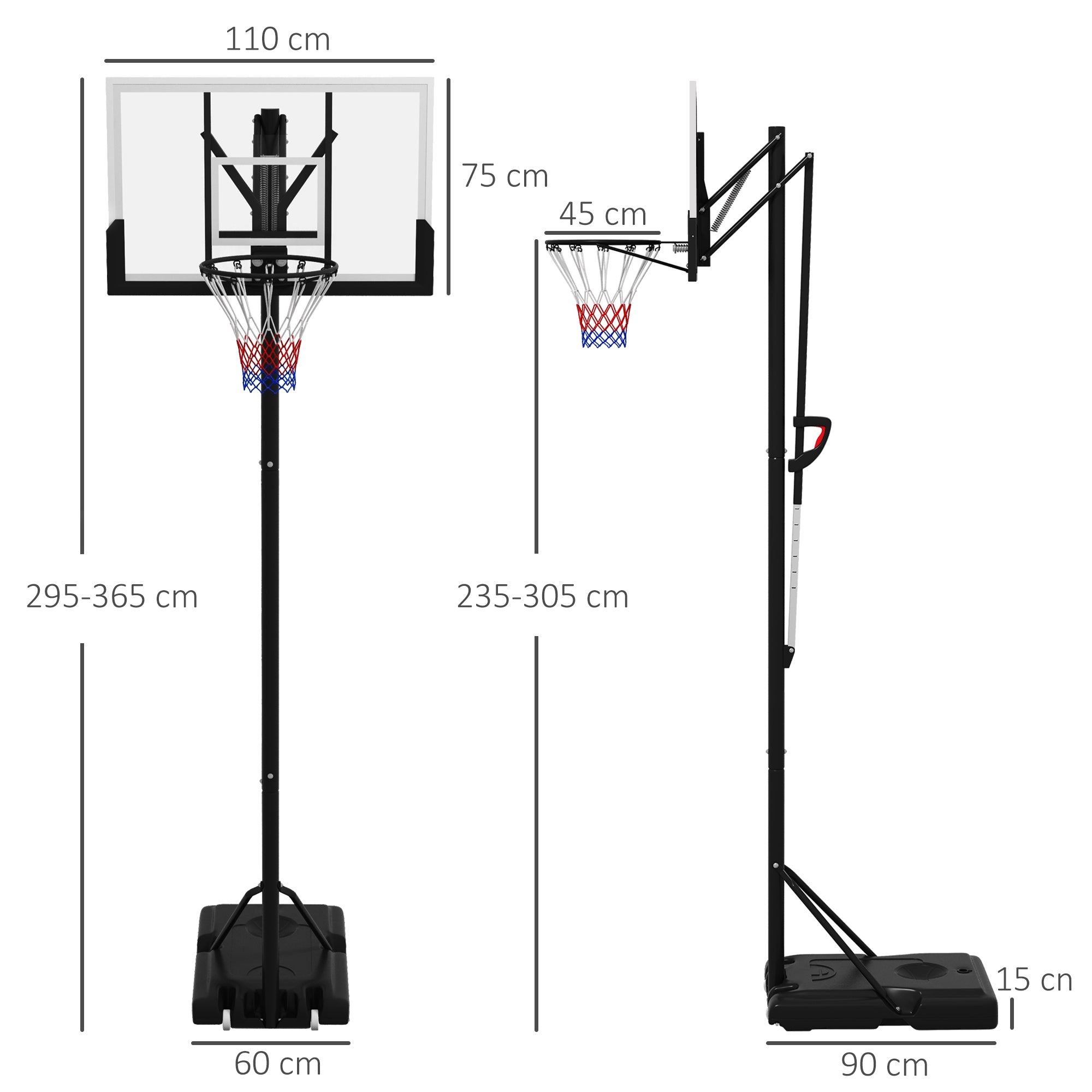 SPORTNOW Mobiele Basketbalstandaard, In Hoogte Verstelbaar, Onbreekbare Achterwand, 2,35-3,05 m Korfhoogte, Zwart