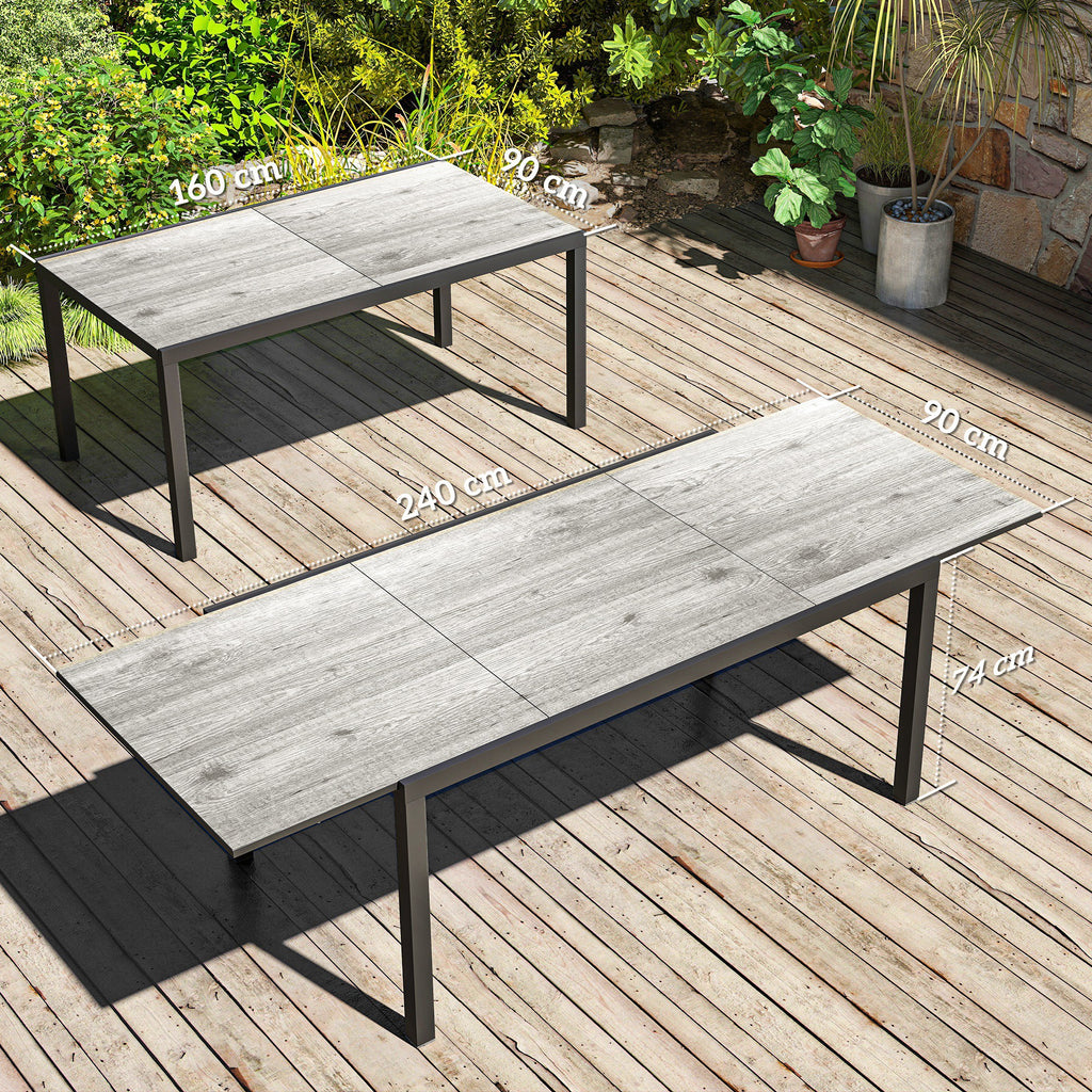 Outsunny Uitschuifbare Eettafel voor 6-8 Personen, Verstelbare Outdoor Tafel van Aluminium, Staal, Kunststof met Houteffect, Grijs