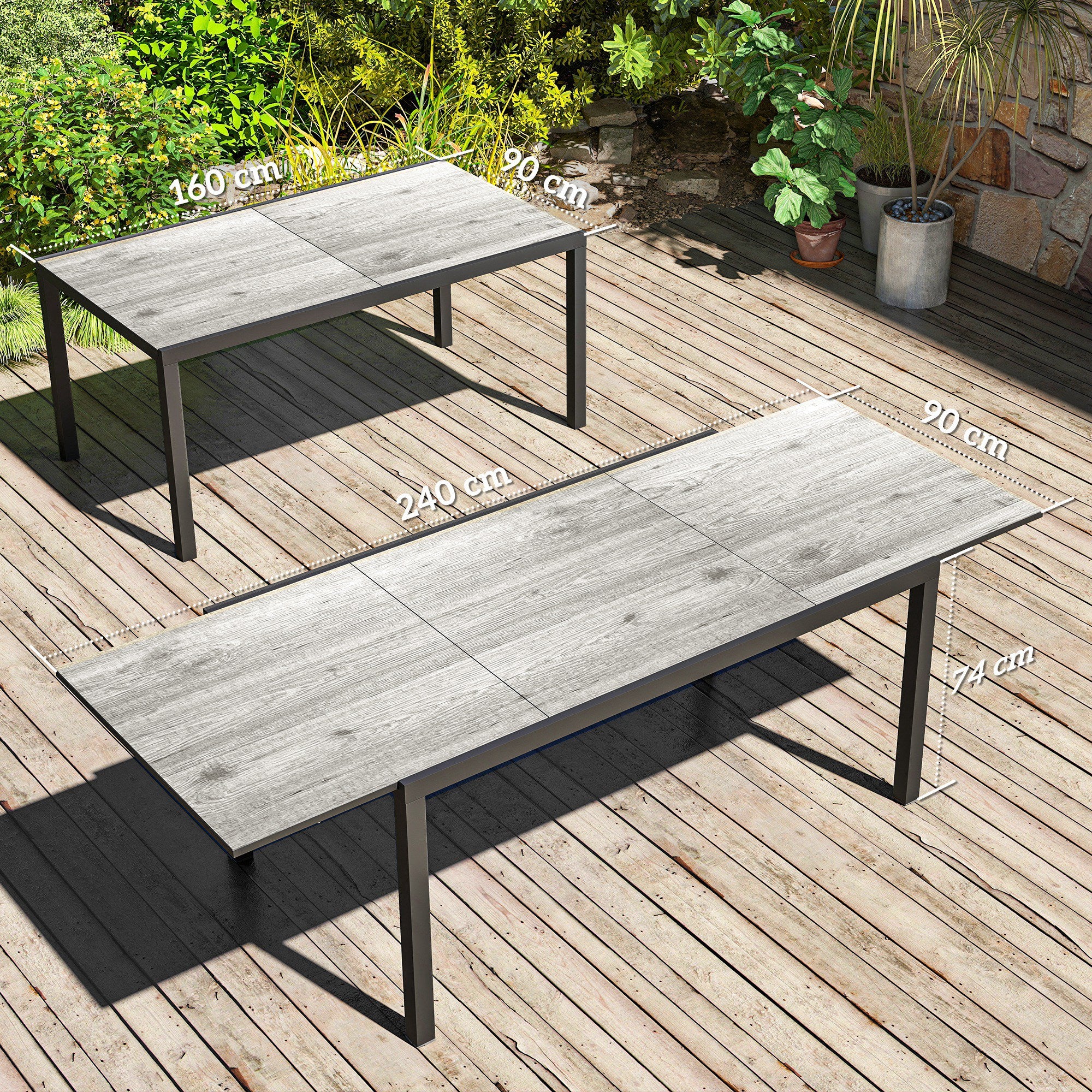 Outsunny Uitschuifbare Eettafel voor 6-8 Personen, Verstelbare Outdoor Tafel van Aluminium, Staal, Kunststof met Houteffect, Grijs