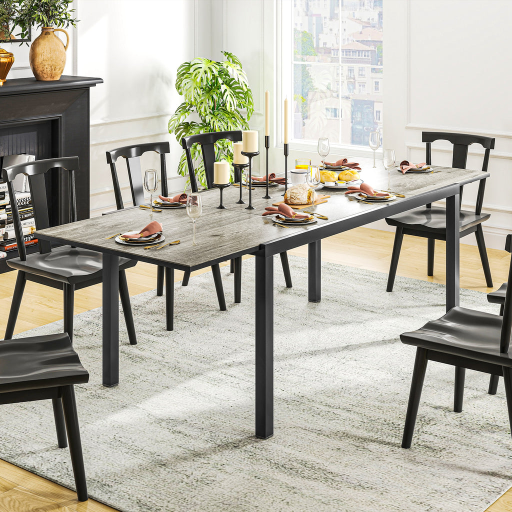 Outsunny Uitschuifbare Eettafel voor 6-8 Personen, Verstelbare Outdoor Tafel van Aluminium, Staal, Kunststof met Houteffect, Grijs